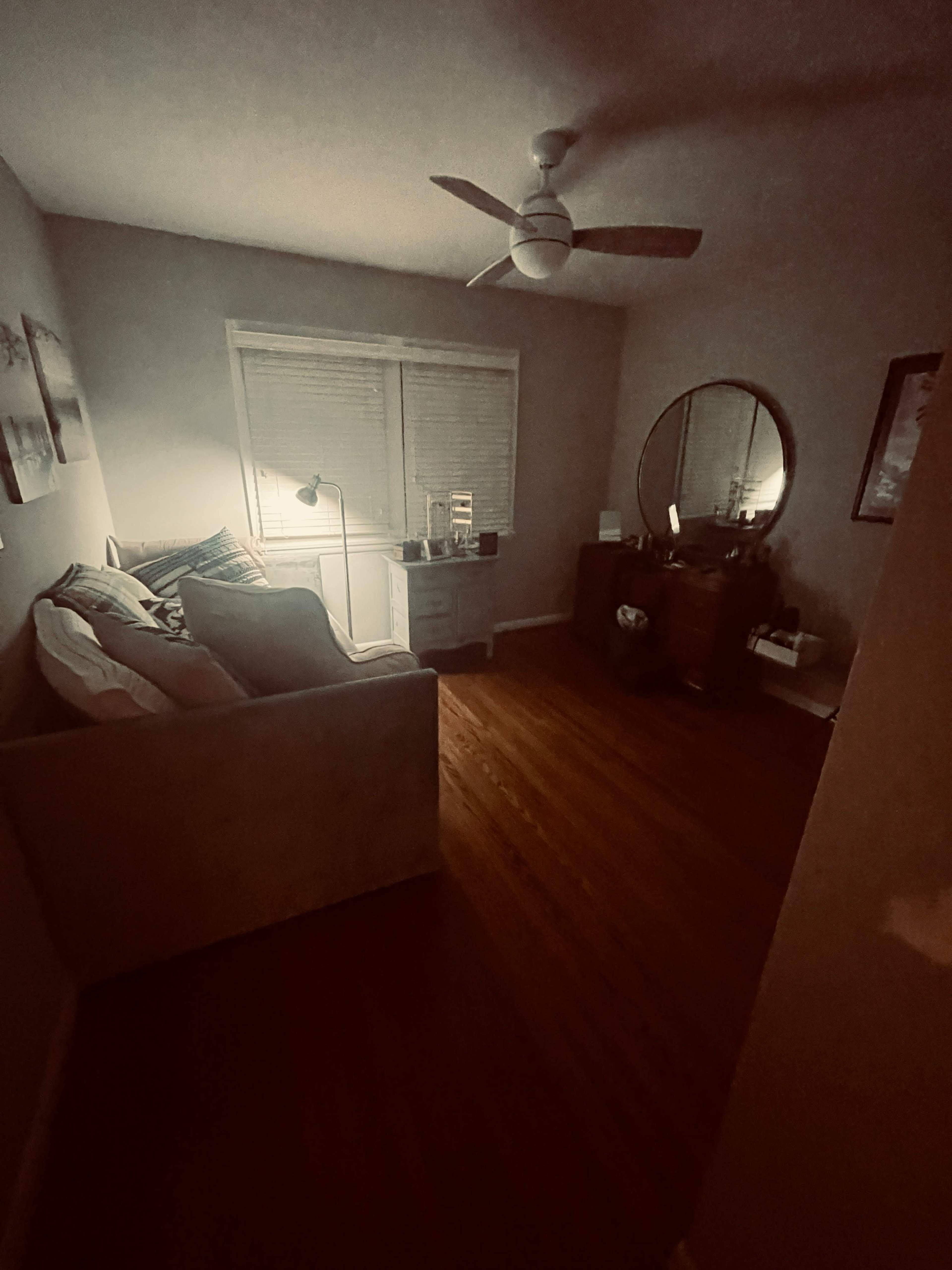 A small, dimly lit room features a sofa, a round mirror, and a dresser against the walls.