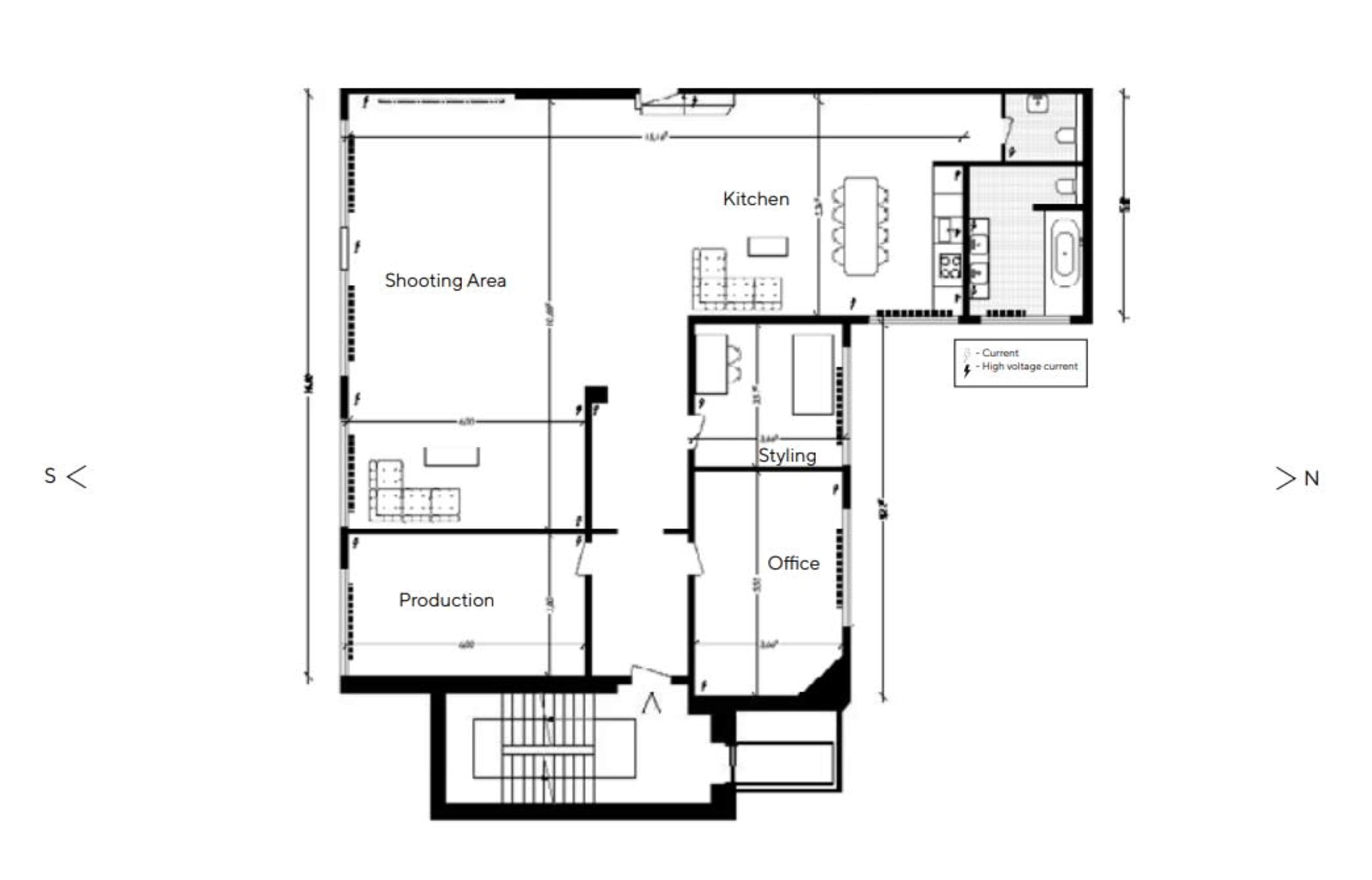 A floor plan layout of a space divided into a kitchen, shooting area, styling area, production area, and an office.