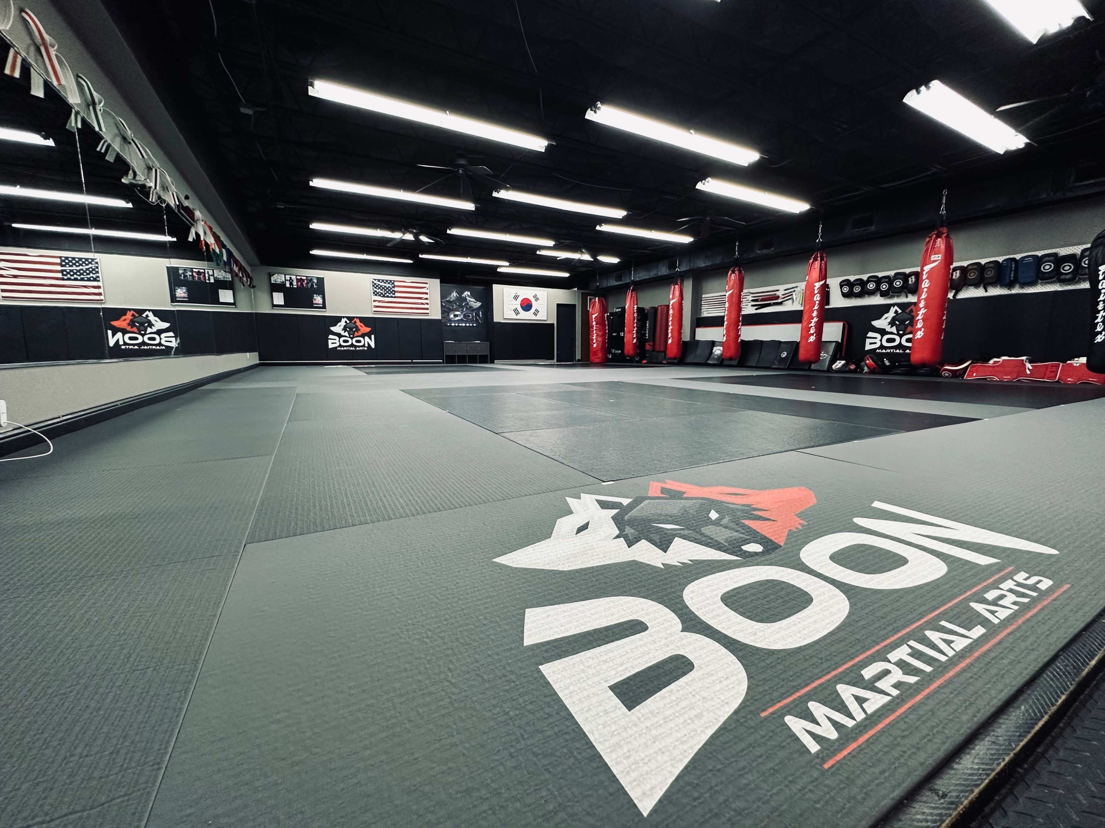 A spacious martial arts gym with padded floors, hanging heavy bags, and several flags displayed on the walls.