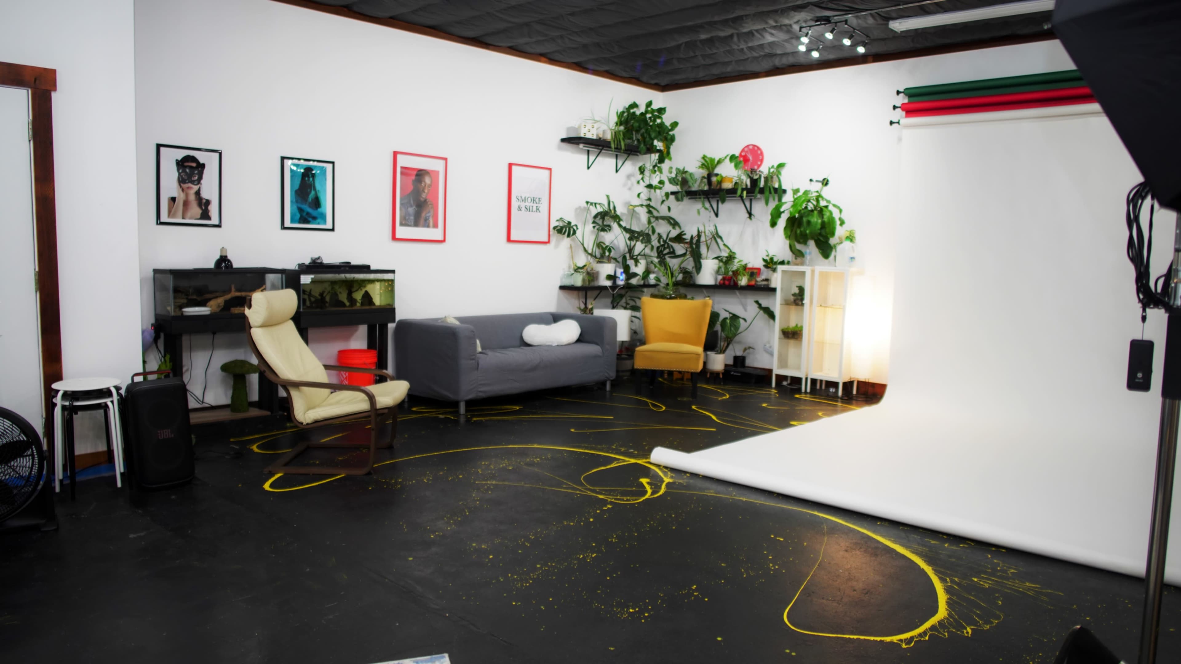 The image shows a studio space with a gray sofa, two yellow chairs, a variety of plants on the walls, and a white backdrop prepared for photography.