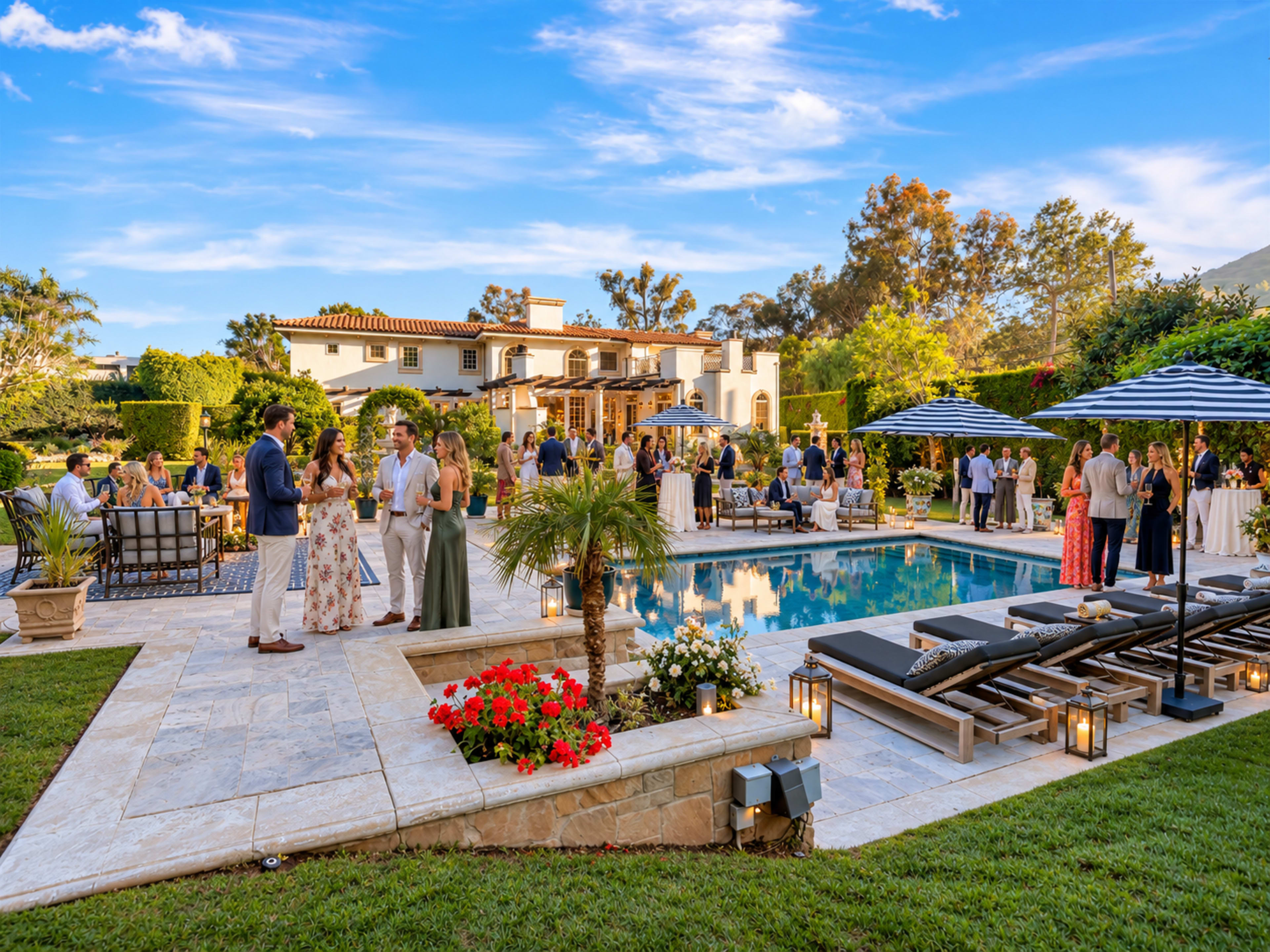 A lavish outdoor gathering is taking place around a swimming pool, with guests mingling and enjoying the scenic surroundings of a large estate.