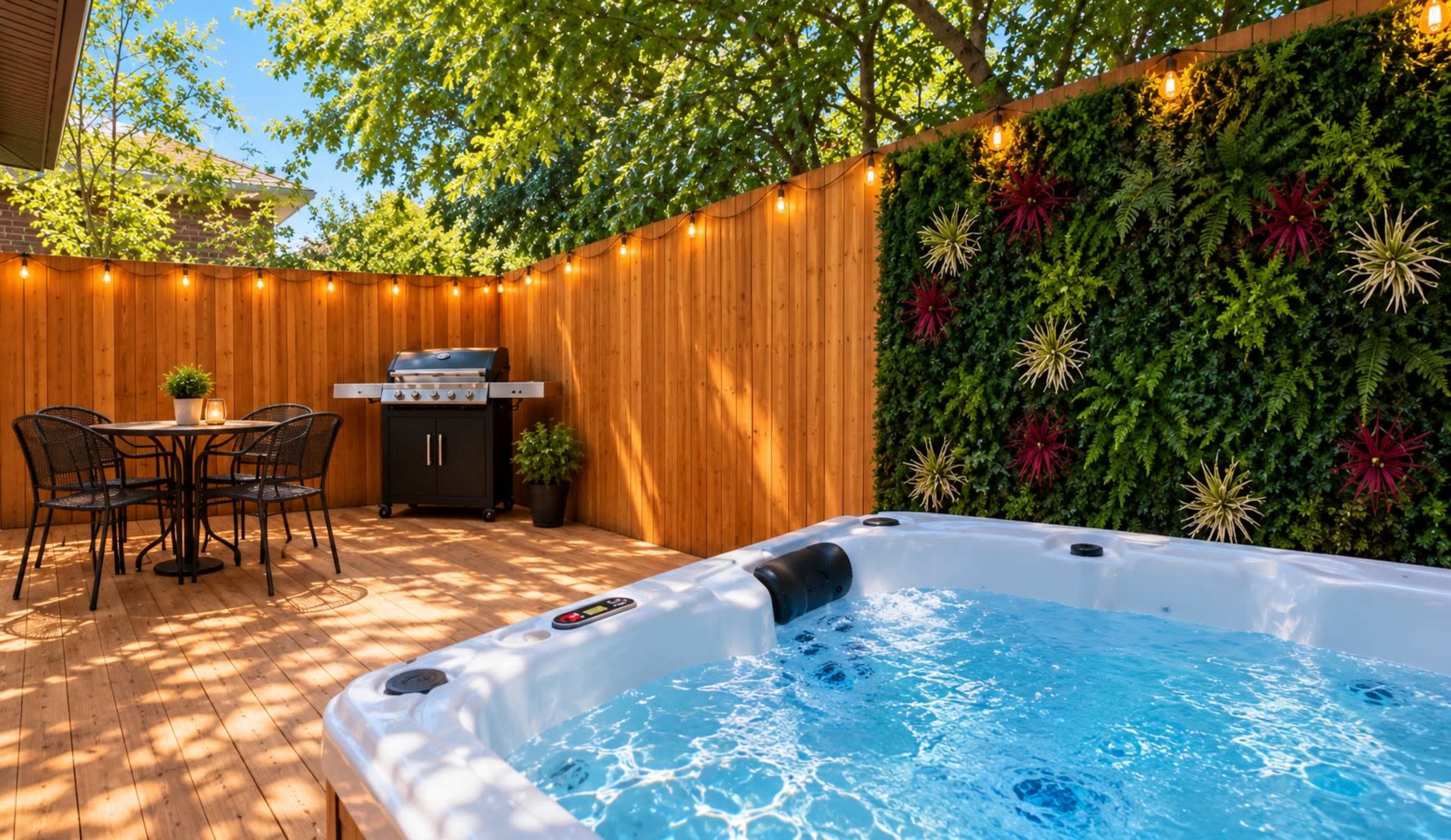 The image shows a wooden deck featuring a hot tub, a small dining table with chairs, and a grill, surrounded by a leafy green wall and strung lights.
