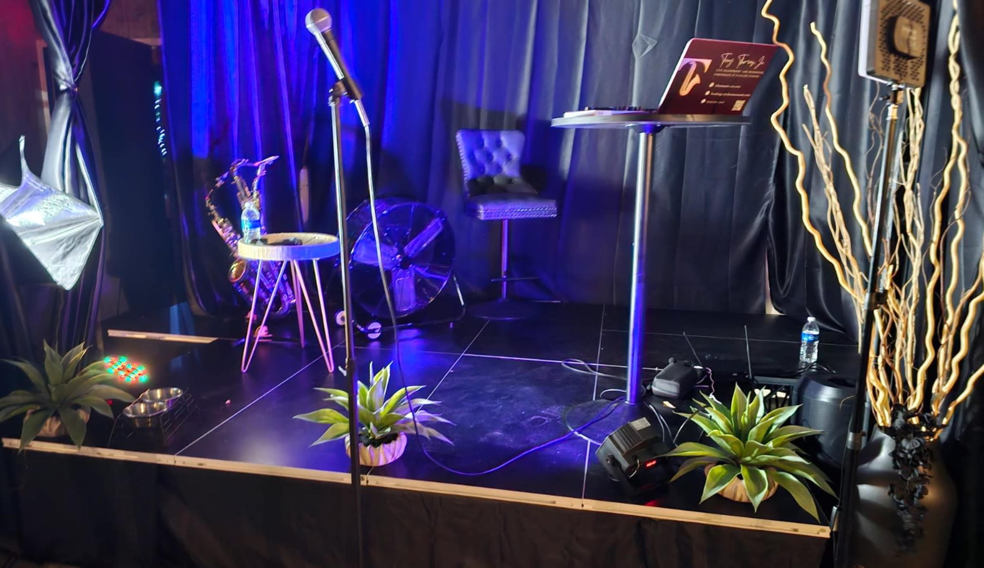 The image shows a small stage setup with a microphone, a laptop on a table, potted plants, and decorative lighting against a dark backdrop.