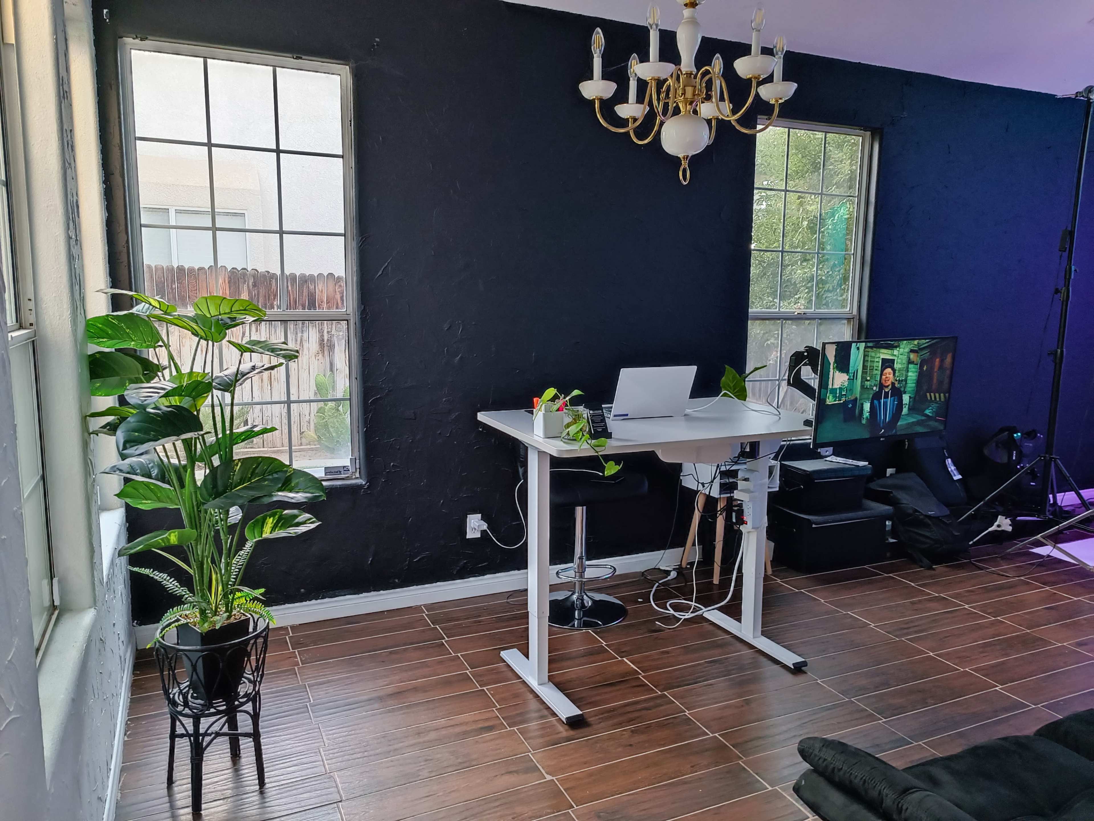 A modern workspace features a standing desk, a television, and two large windows, with a potted plant beside the desk and a black couch in the corner.