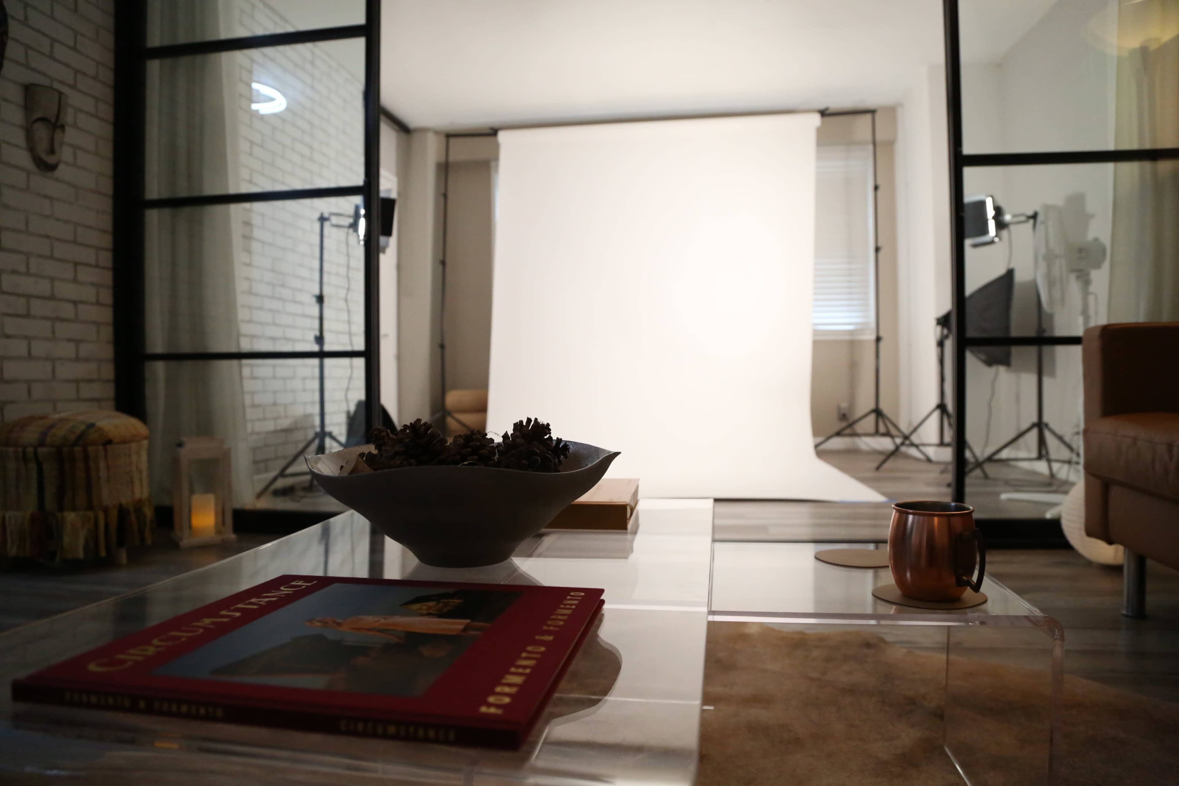 A minimalist interior features a coffee table with a book and a bowl of pinecones, overlooking a photography backdrop set up with studio lights.
