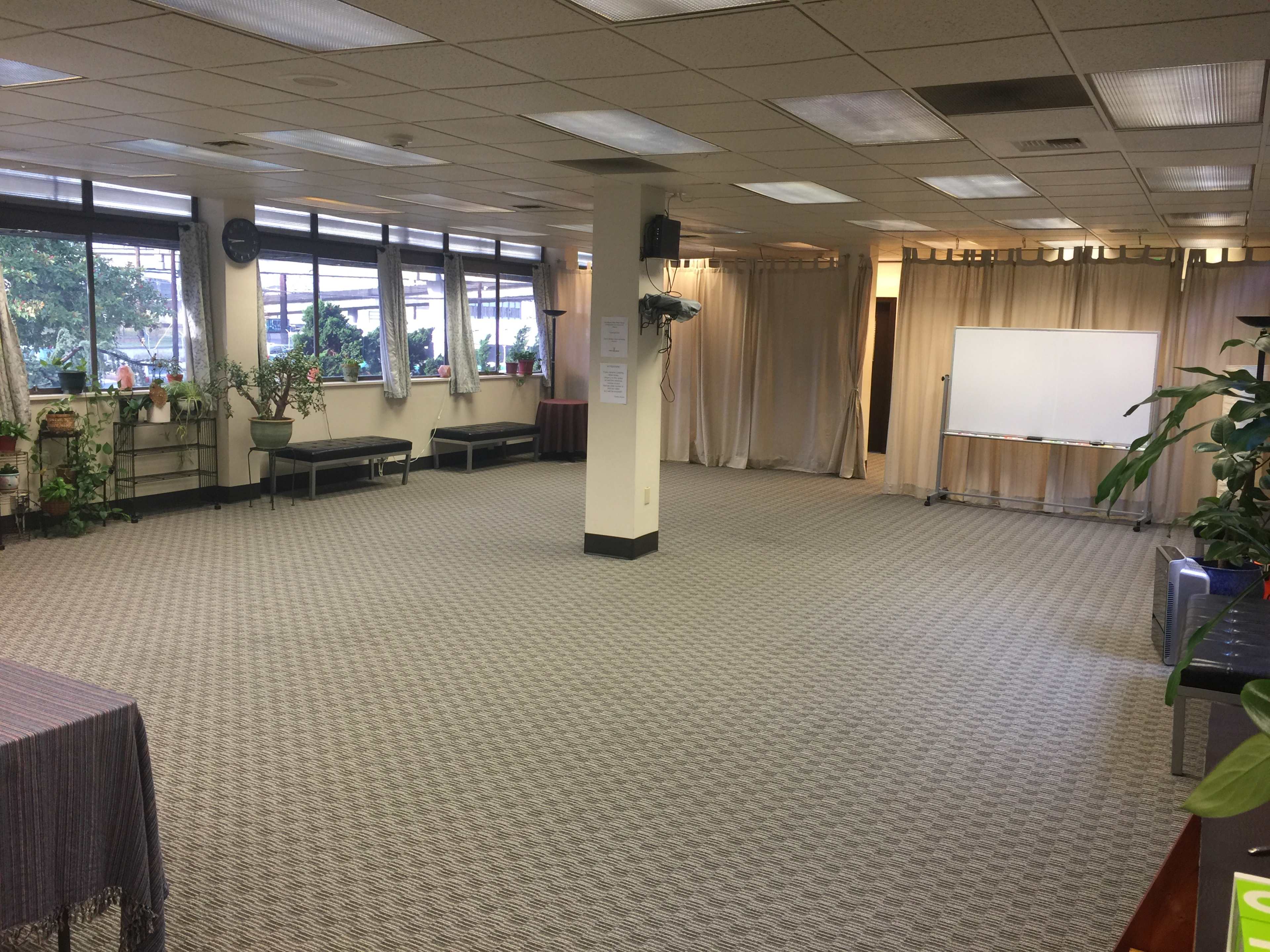 A large, empty room with windows on one side, plants along the walls, and a whiteboard positioned against a curtained backdrop.
