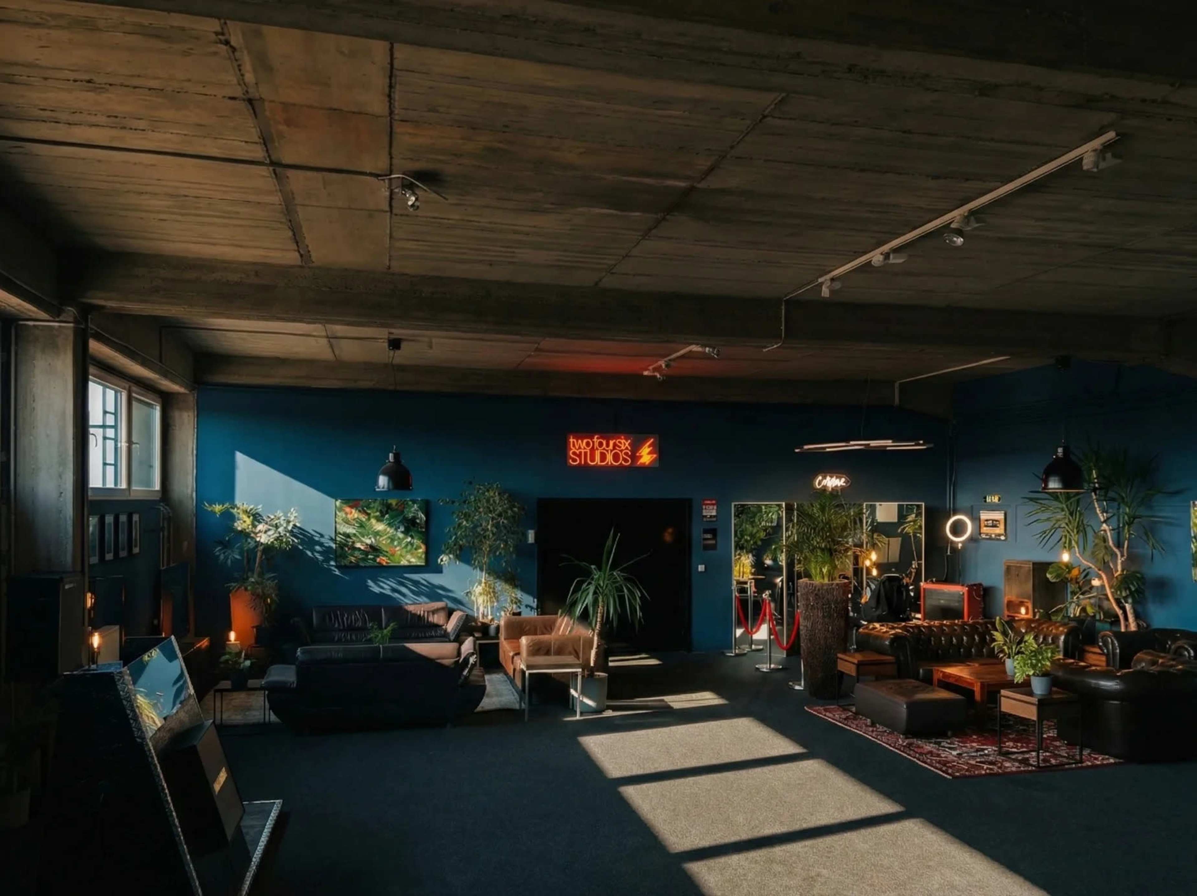 The image depicts a spacious studio lounge area with concrete walls, modern furniture, and plants, illuminated by natural light streaming in through large windows.