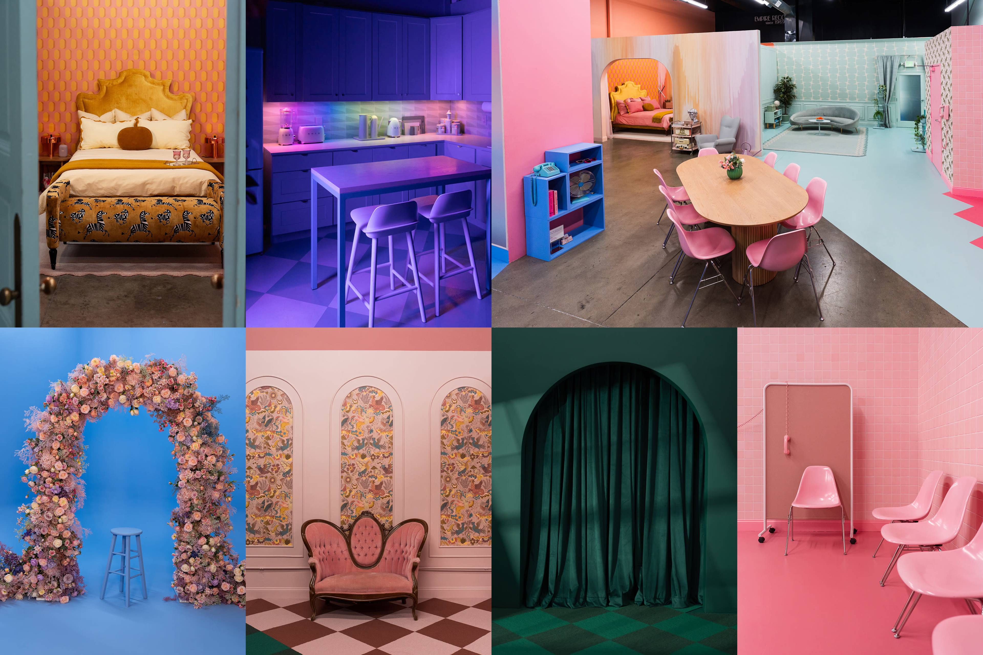 The image showcases a grid of various colorful interior scenes featuring distinctively designed rooms with bold color themes and unique decor elements.