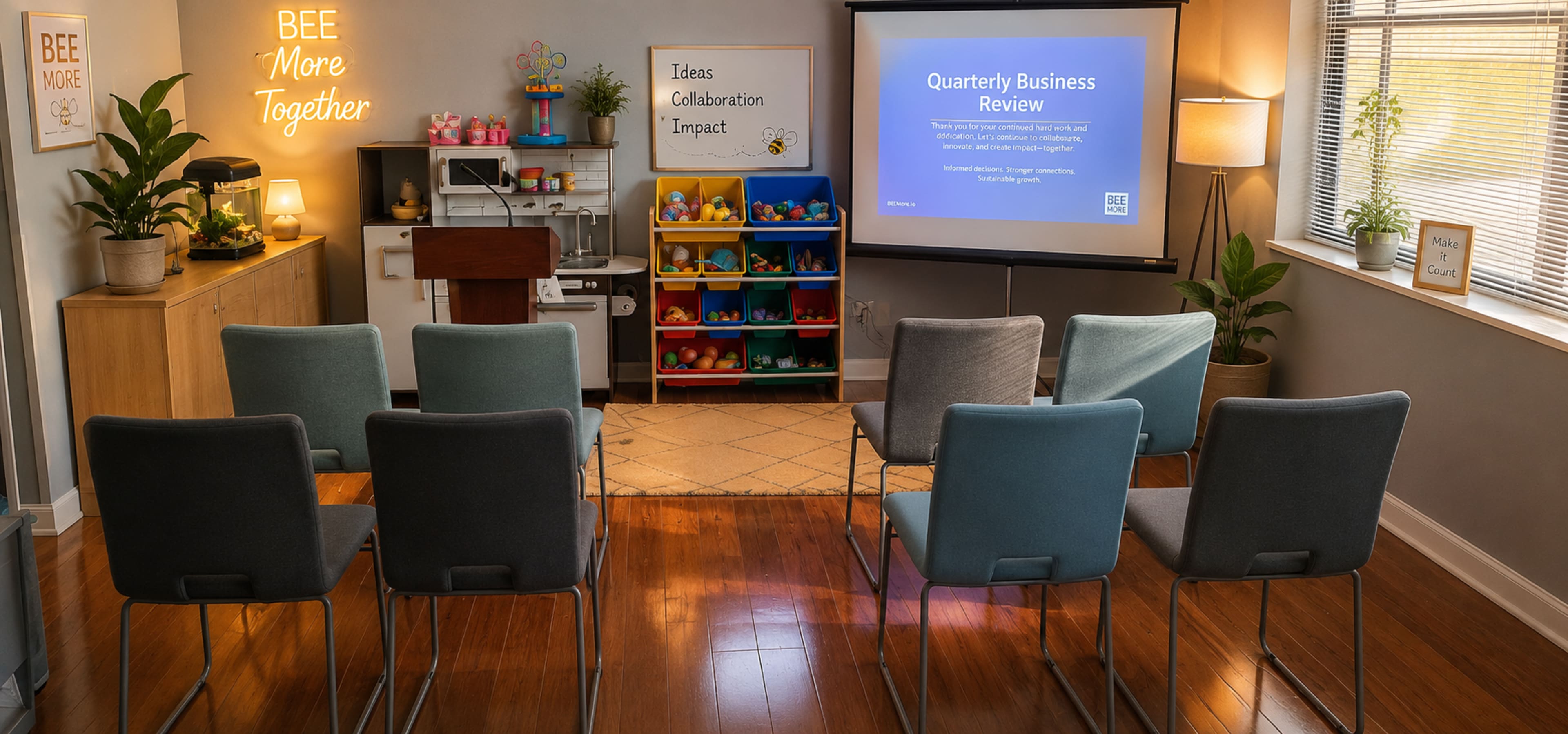A meeting room is set up with chairs facing a projector screen displaying "Quarterly Business Review," surrounded by colorful organizational toys and motivational signs on the walls.