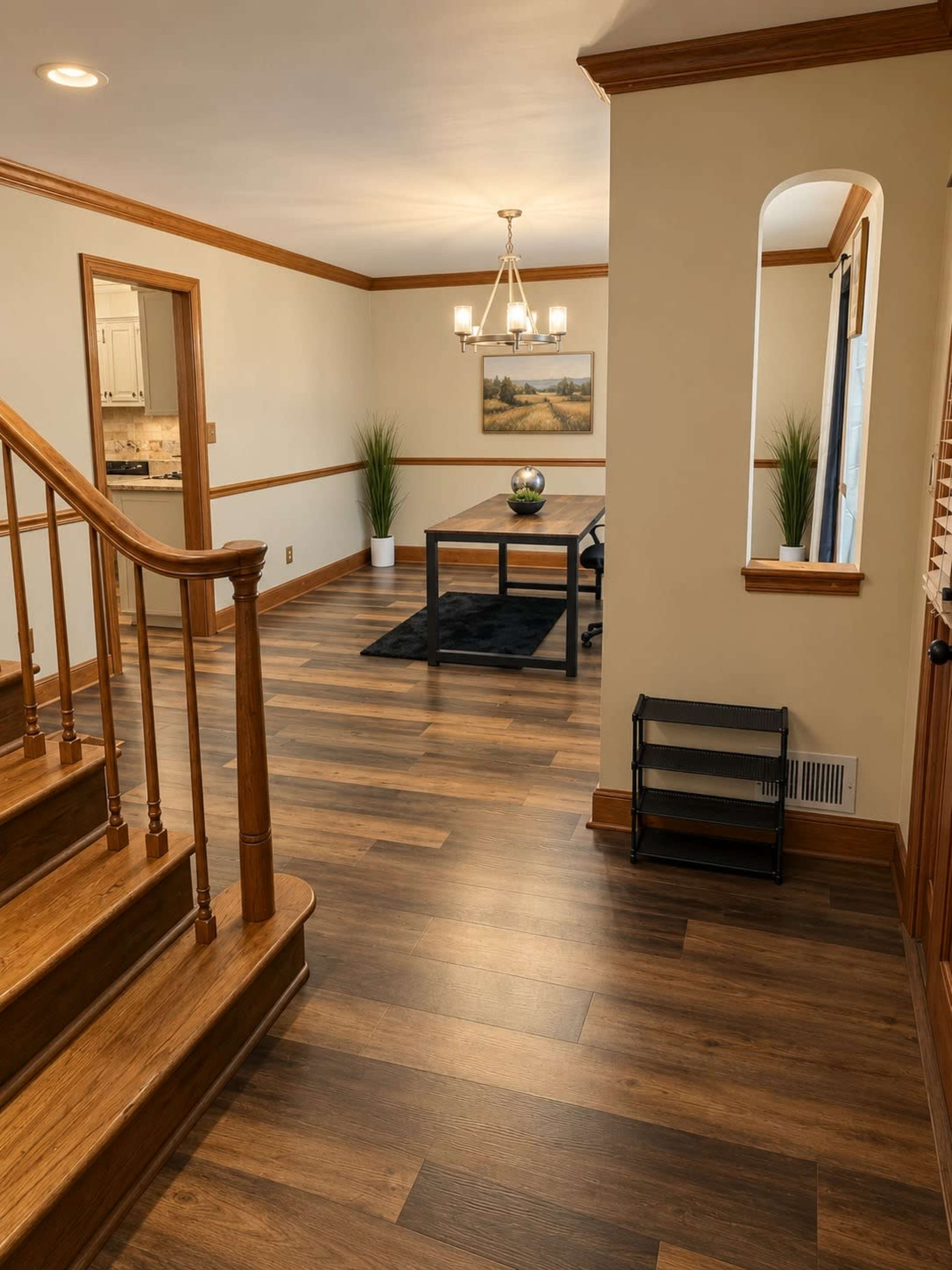 The image shows a well-lit entrance area leading to a small dining or workspace with a table, surrounded by hardwood flooring and decorative plants.