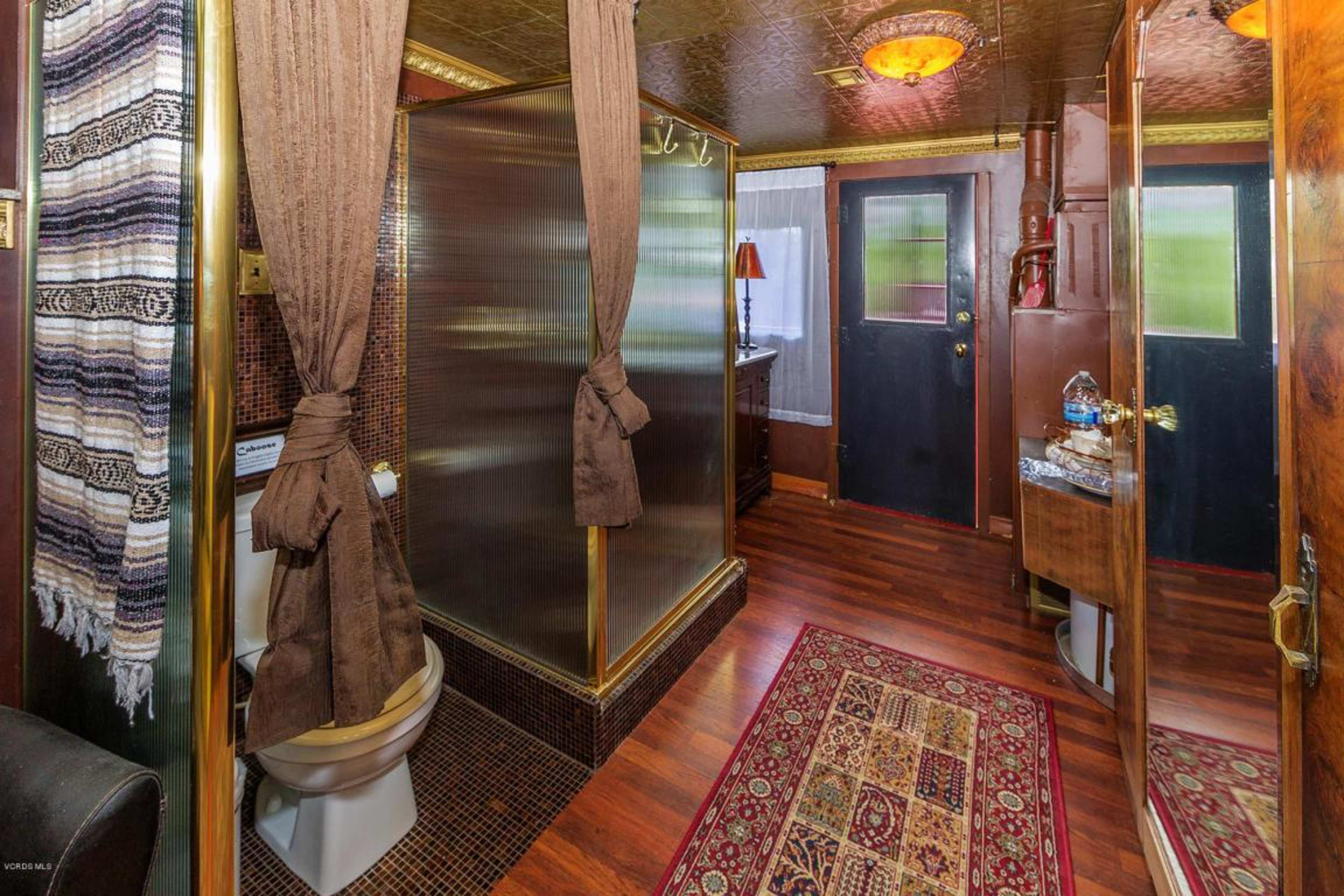 A narrow bathroom featuring a shower area with glass doors, a toilet, and a decorative rug on the floor, alongside wooden accents and a door leading outside.