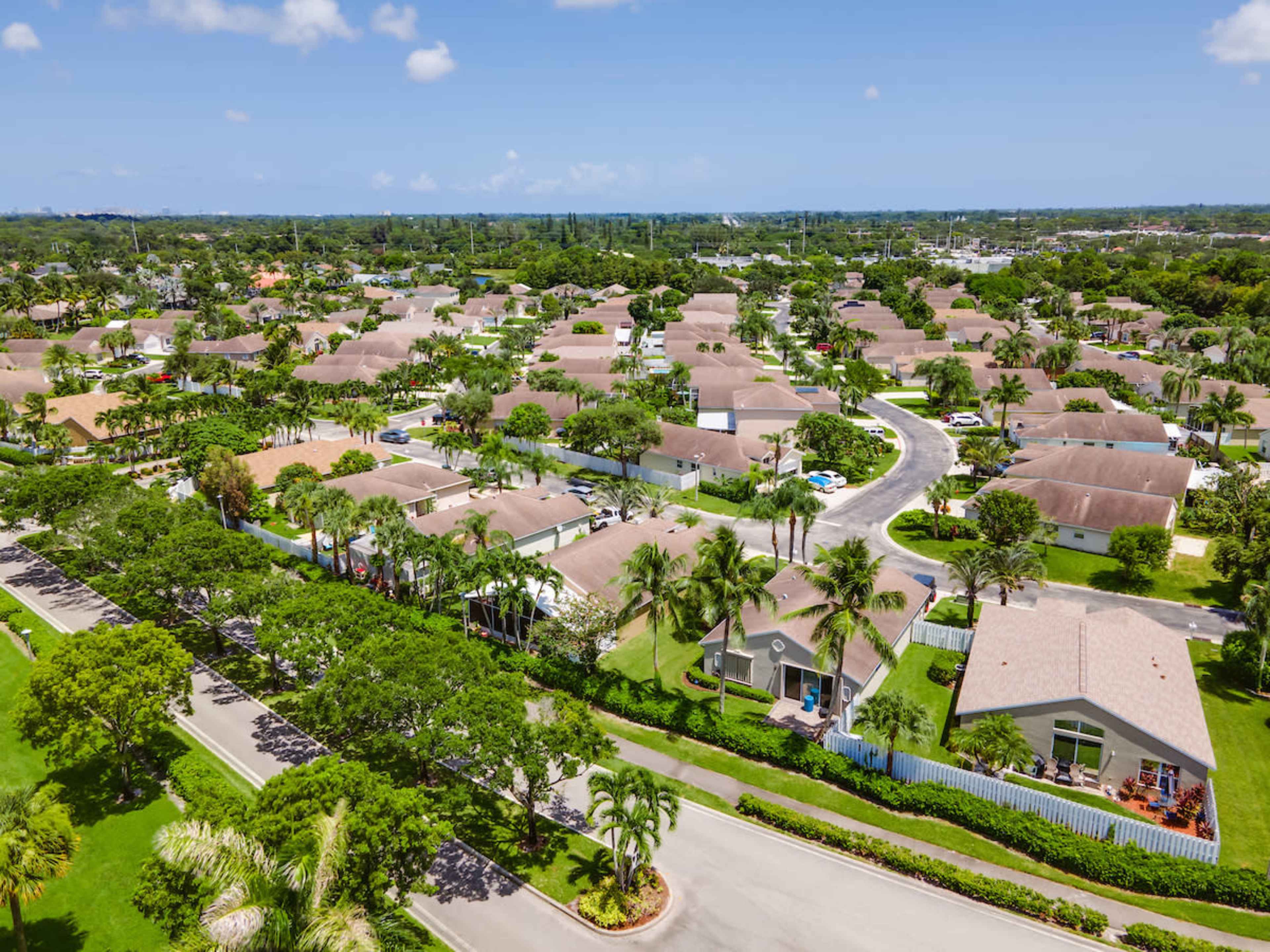 Aerial view of a suburban neighborhood featuring single-family homes, palm trees, and winding streets.