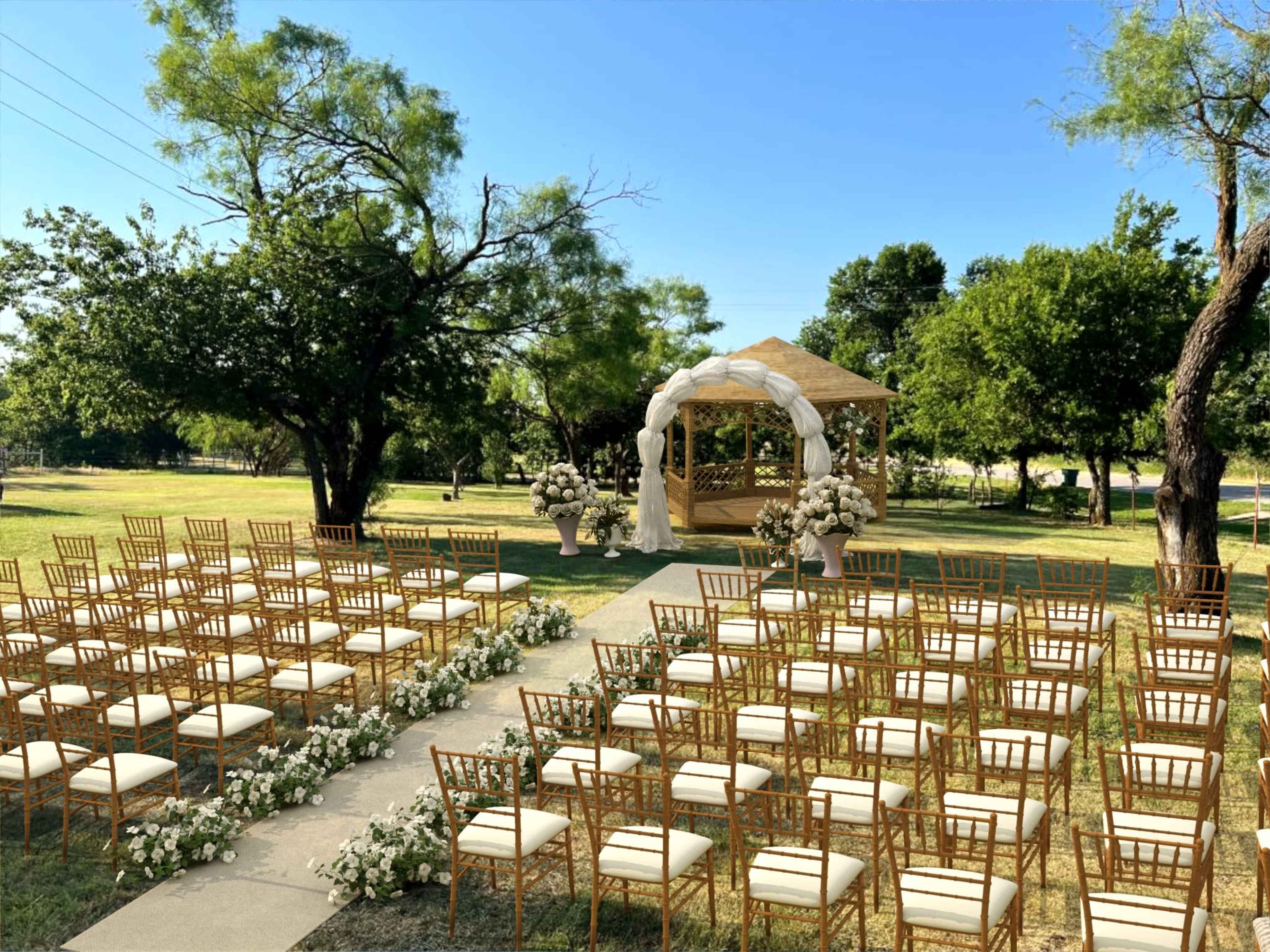 A wedding ceremony setup features rows of golden chairs arranged in front of a decorated gazebo surrounded by greenery.
