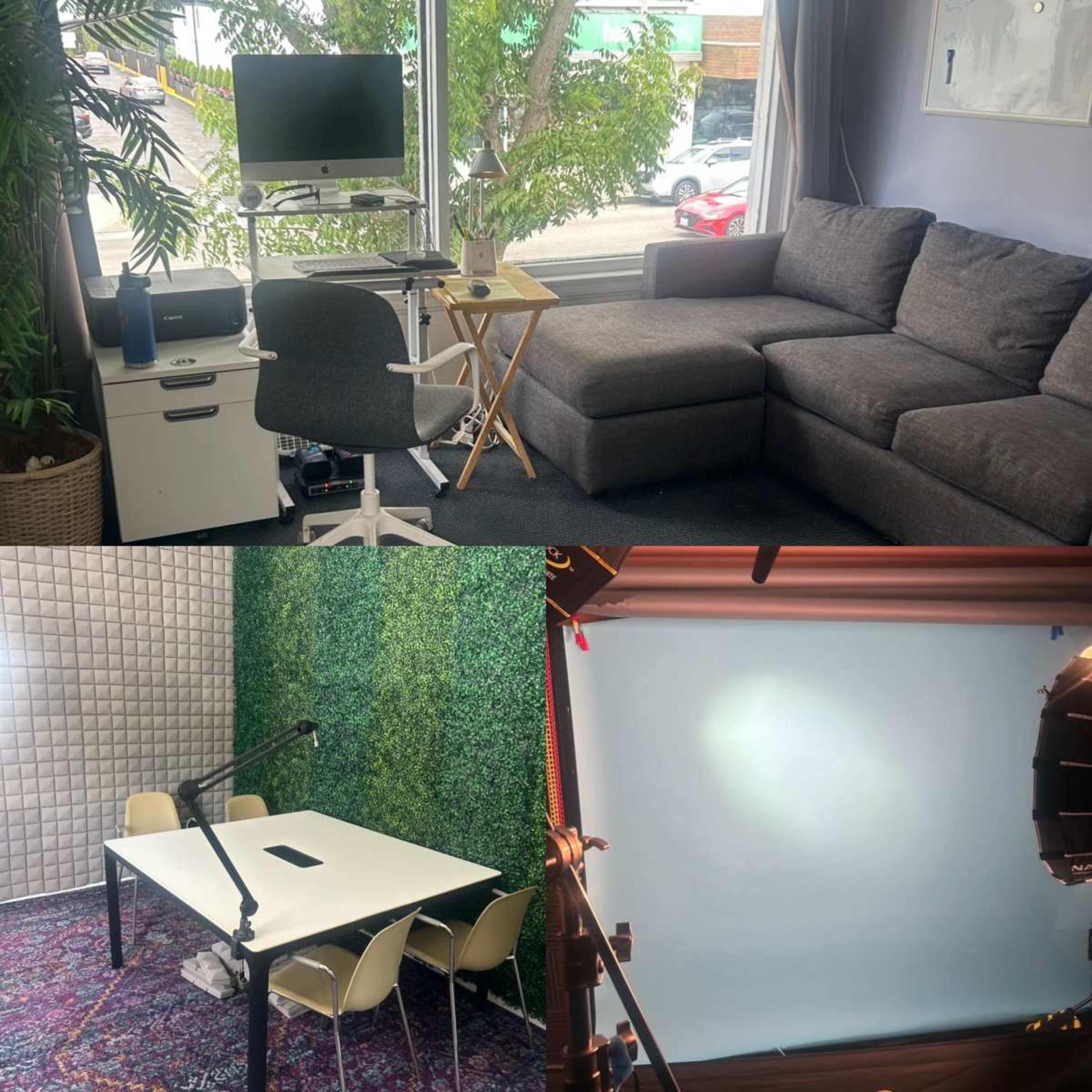 The image shows a split view of two rooms: one featuring a modern office space with a computer and couch, and the other displaying a minimalistic meeting room with a table and four chairs surrounded by soundproof walls.