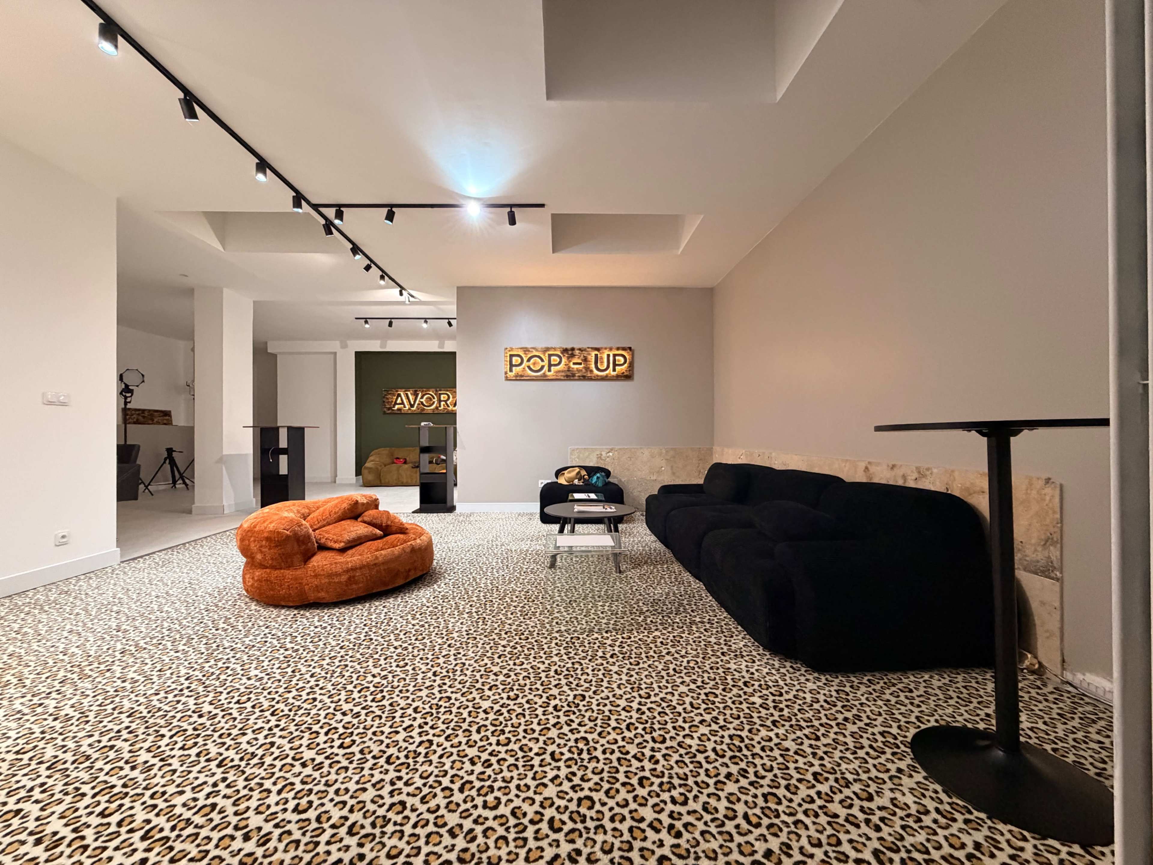 The image shows a spacious room with a leopard-print carpet, featuring a black sofa, orange bean bag chairs, and light fixtures on the ceiling.