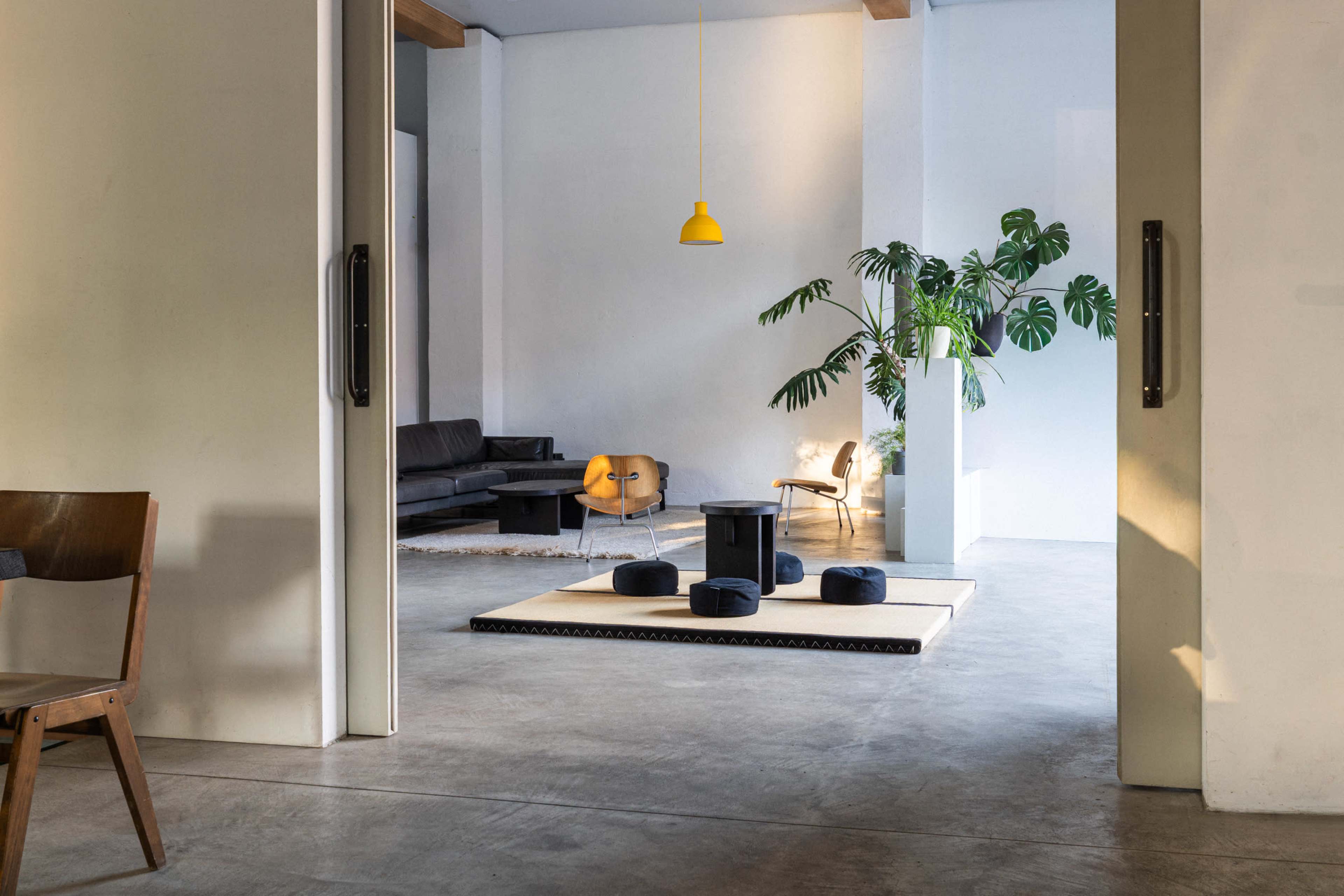 The image shows a spacious, modern interior with seating areas, a potted plant, and minimalist decor.