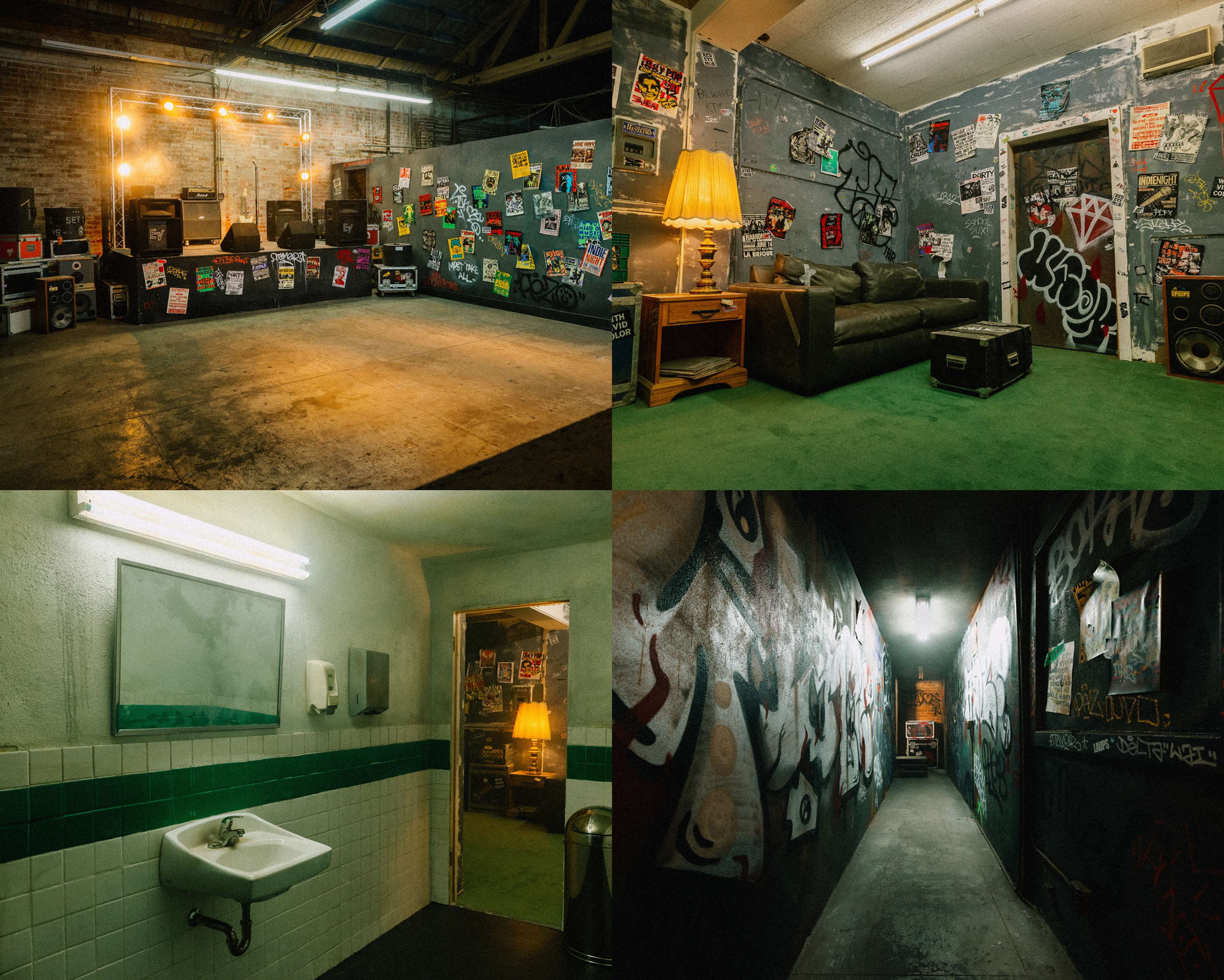 The image shows a dimly lit room with walls covered in posters and graffiti, featuring a couch and musical equipment, alongside a bathroom area and a long hallway with similar graffiti art.