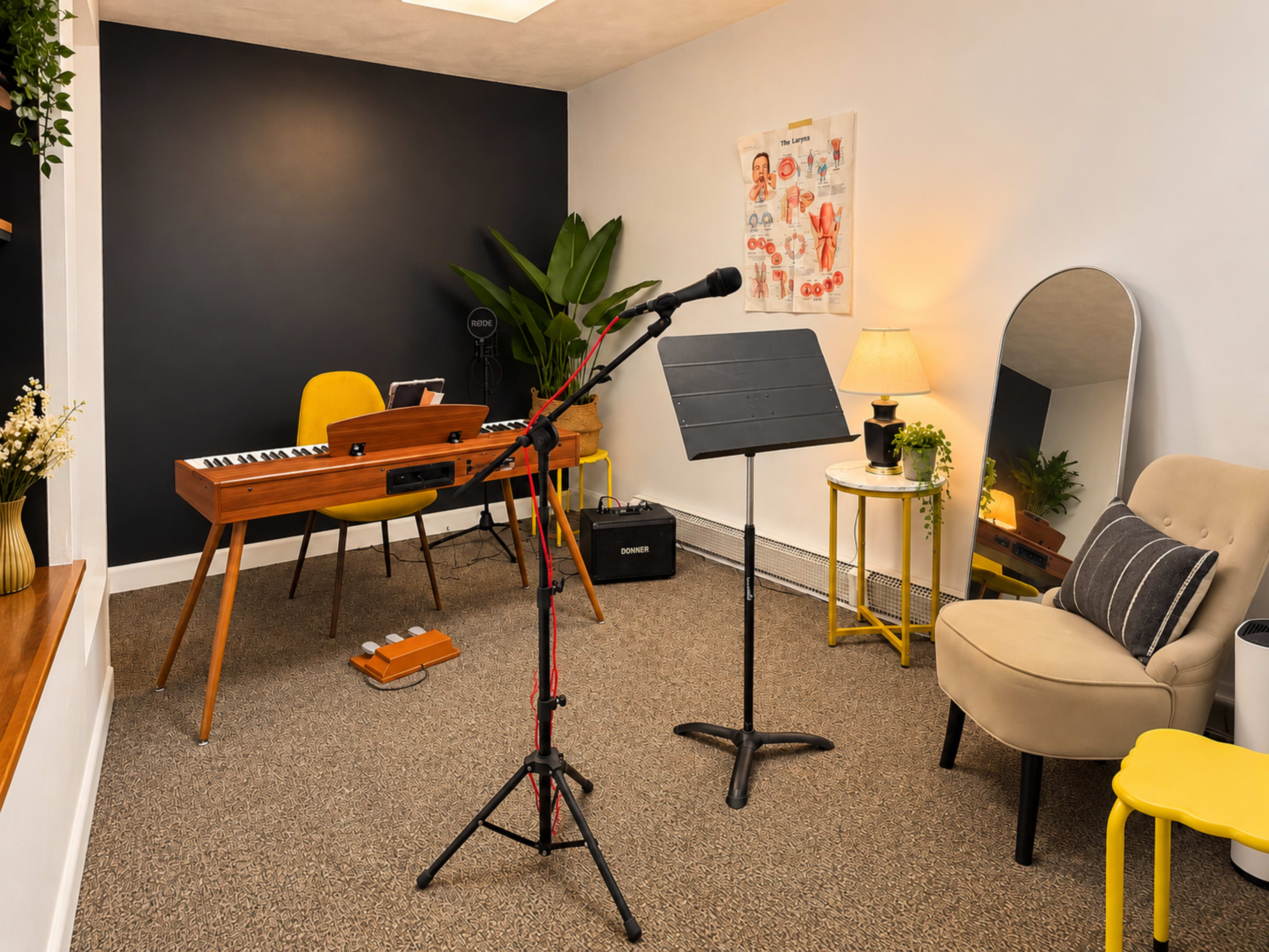 The image shows a small, cozy music practice room featuring a keyboard, a microphone stand, a music stand, and comfortable seating.