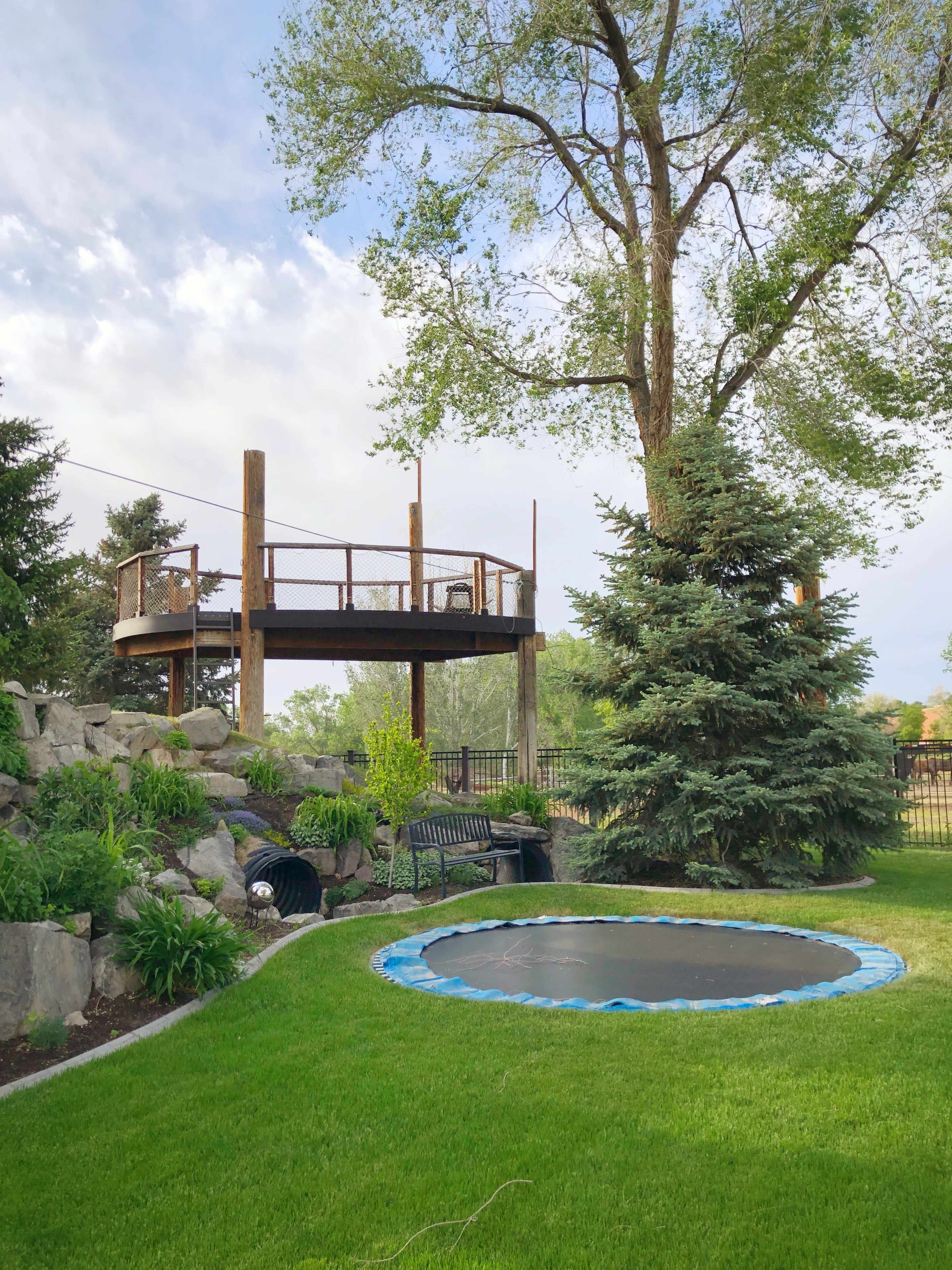 A trampoline is placed in a grassy yard with a wooden deck and trees in the background.