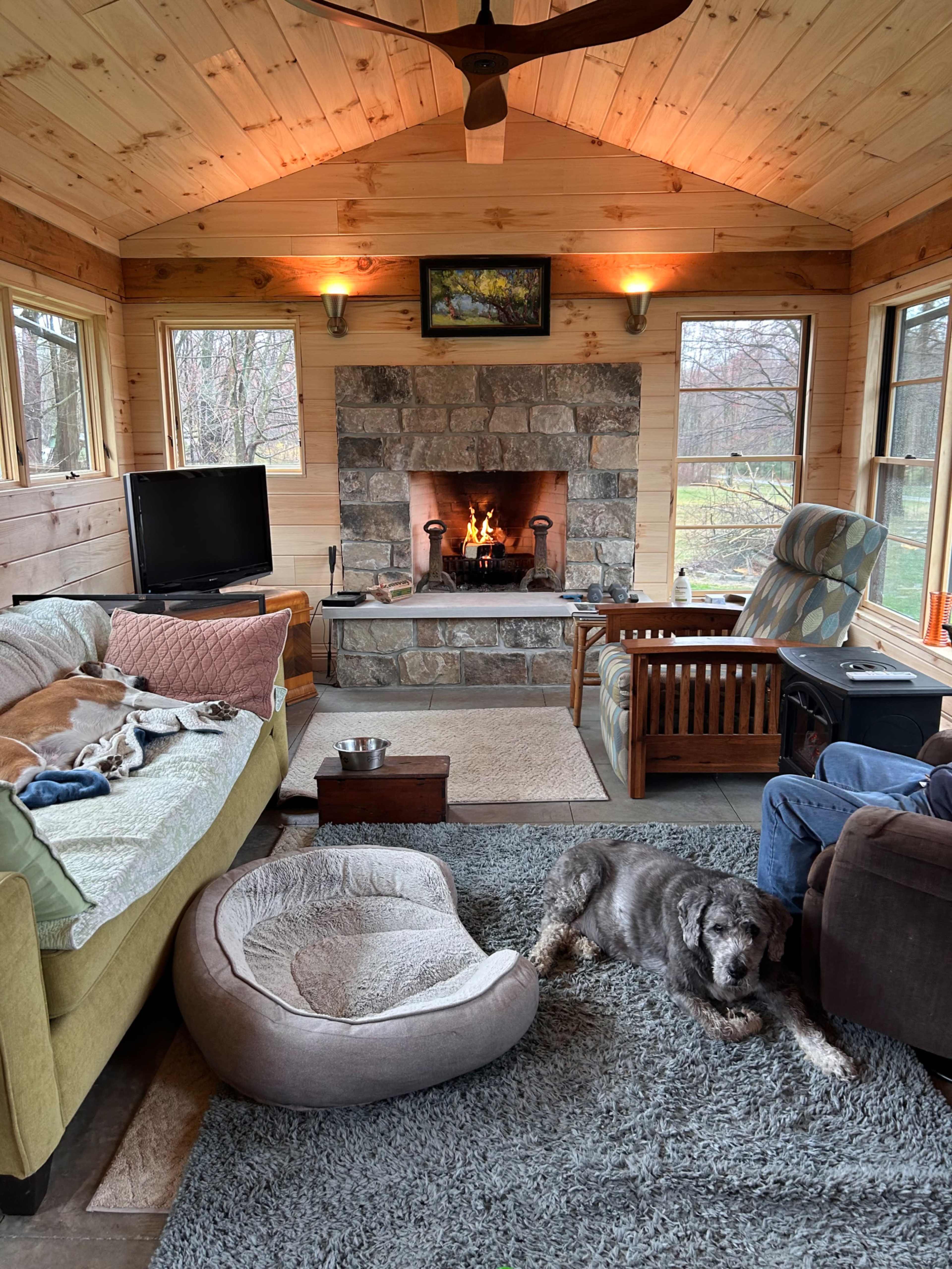 The cozy interior features a stone fireplace, a dog lounging on a gray rug, and comfortable seating arrangements arranged around the room.