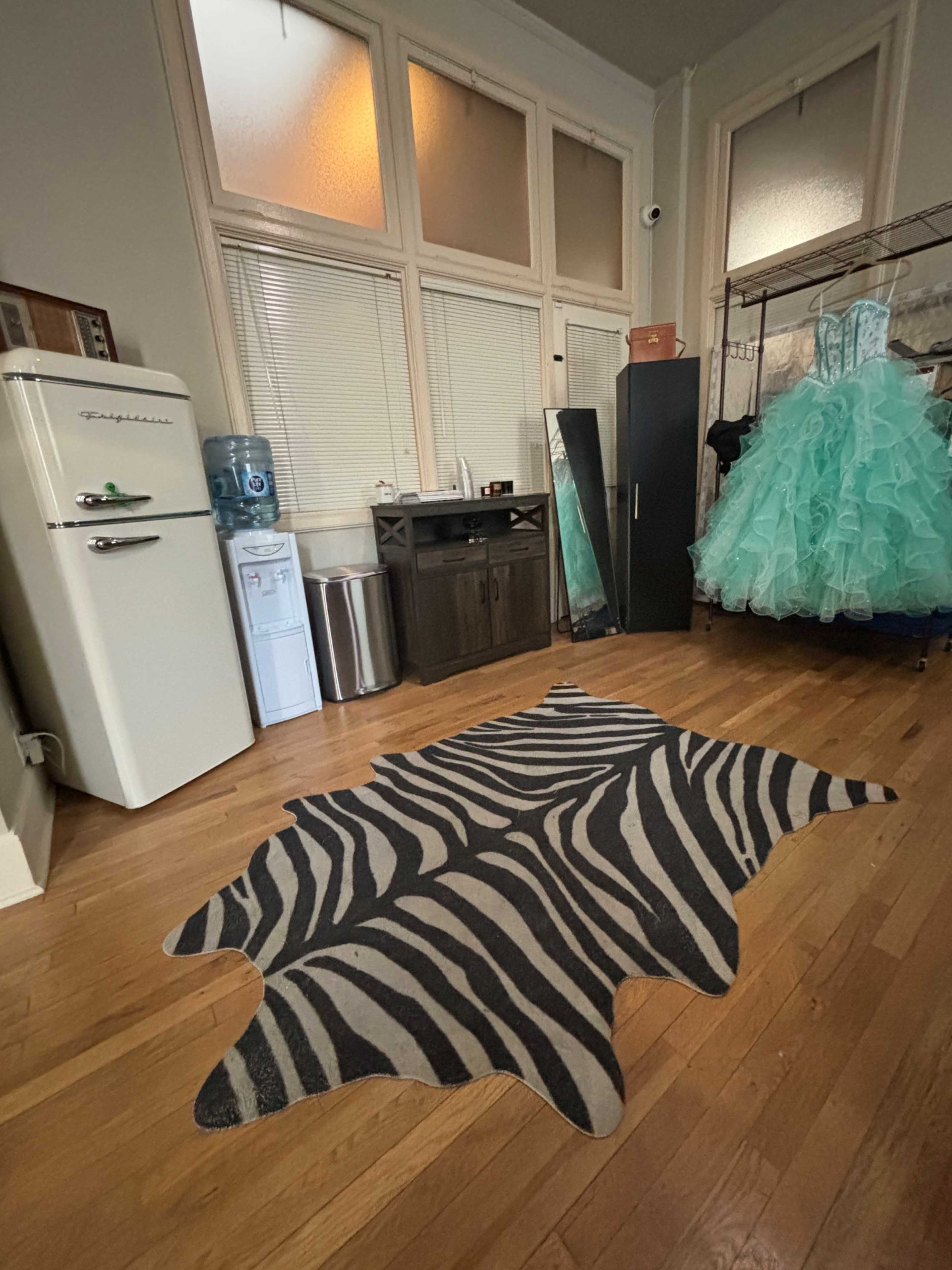 The image shows a room featuring a zebra-patterned rug on wooden flooring, with a vintage refrigerator, a water dispenser, and a costume rack displaying a blue dress.