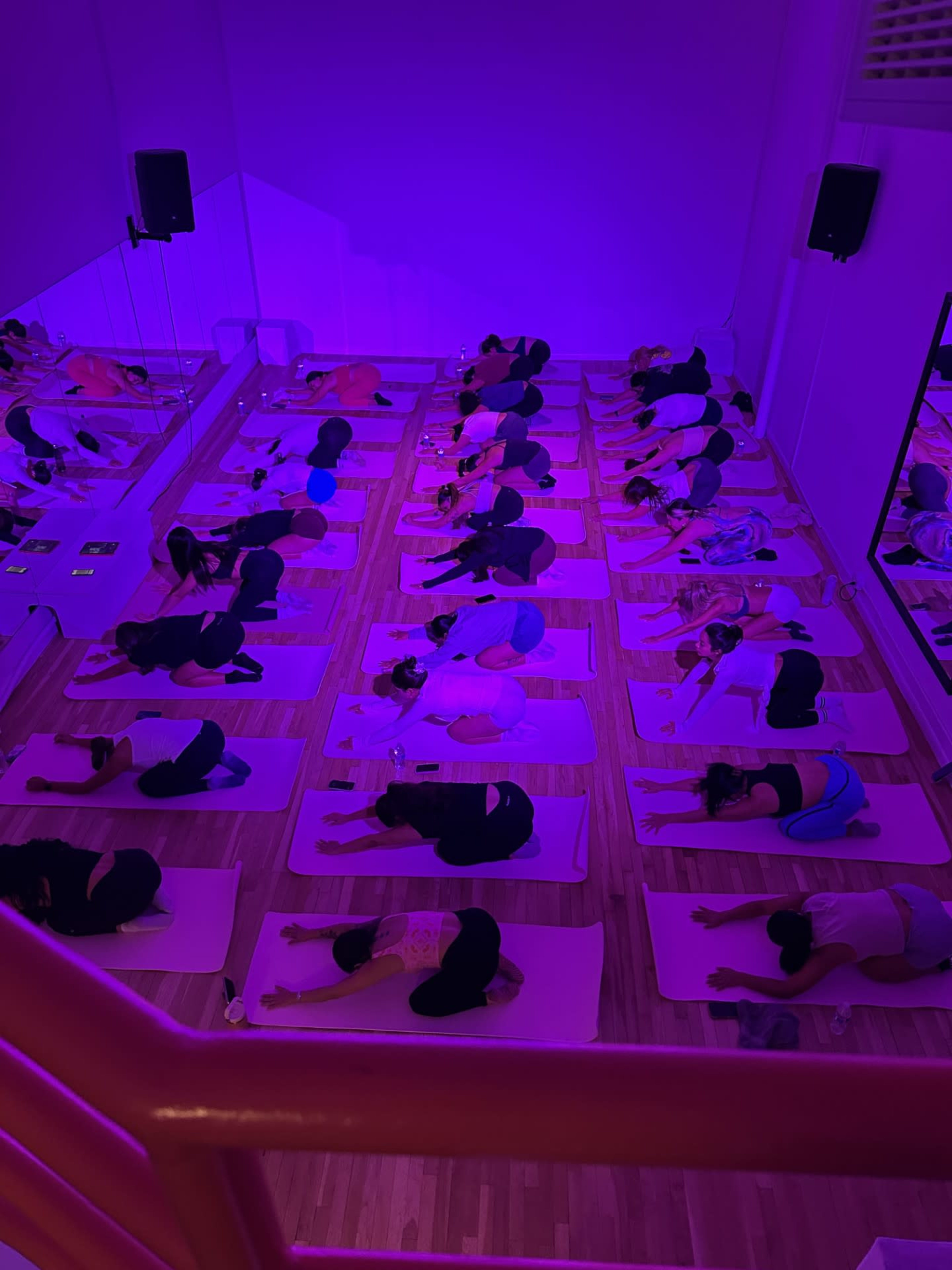 A group of people is practicing yoga on mats in a dimly lit studio with purple lighting.
