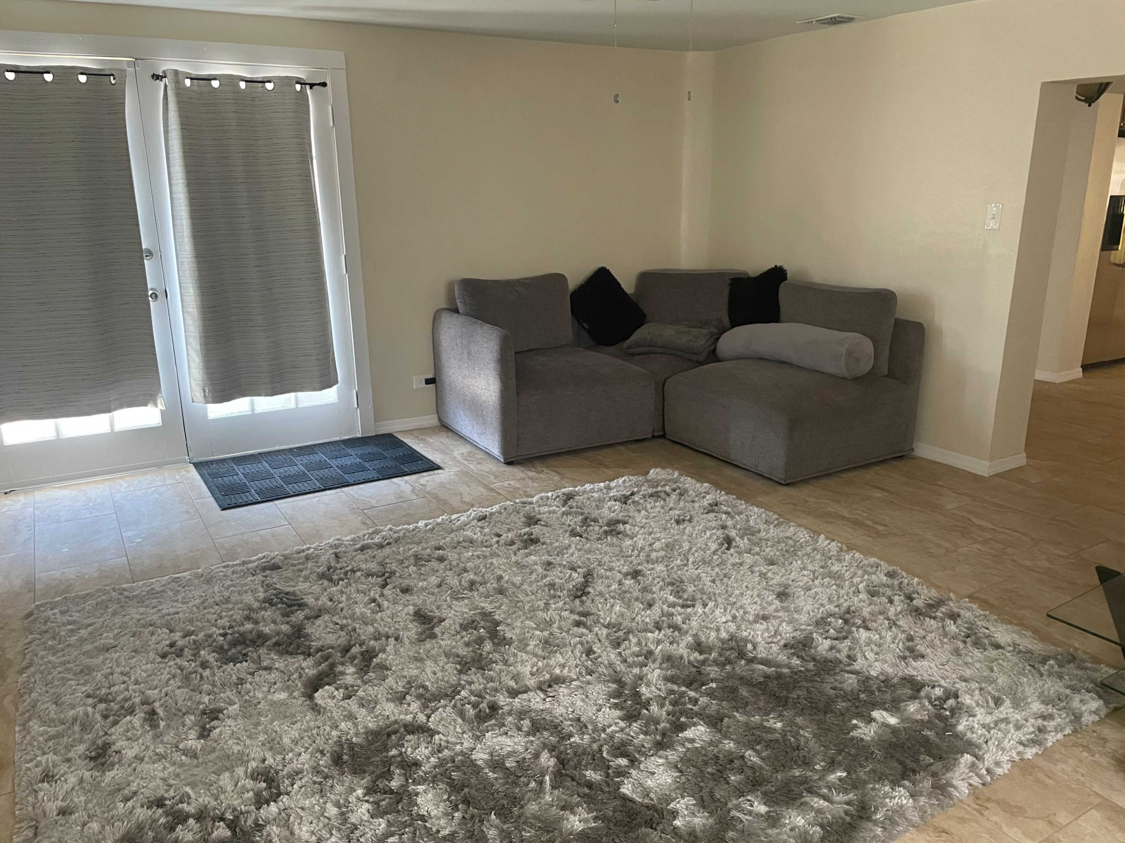 A living room with a gray sectional sofa, a large gray rug, and double doors leading to an outdoor area.