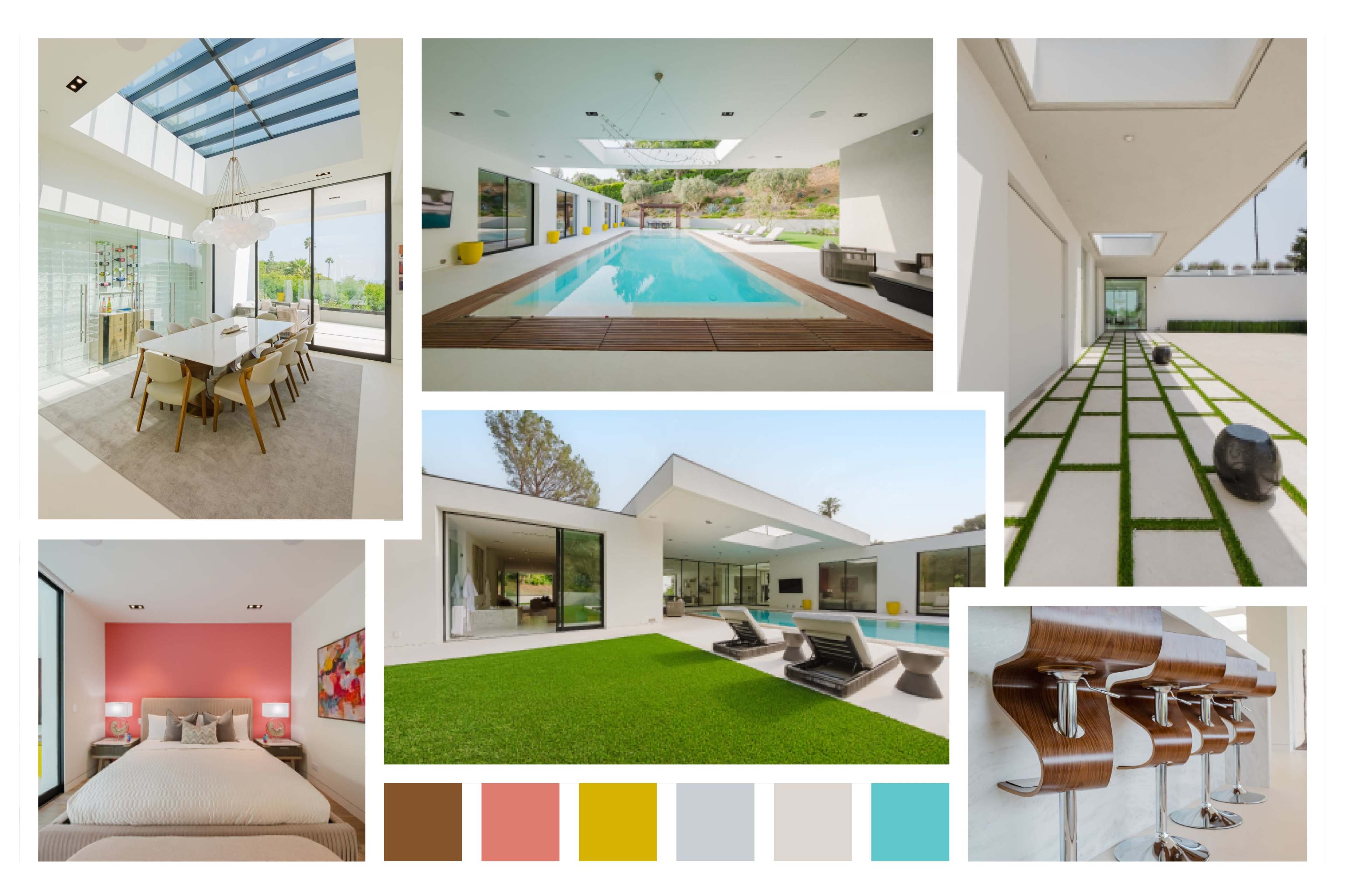 A modern home interior and exterior with a dining area, swimming pool, bedroom, and landscaped outdoor space.