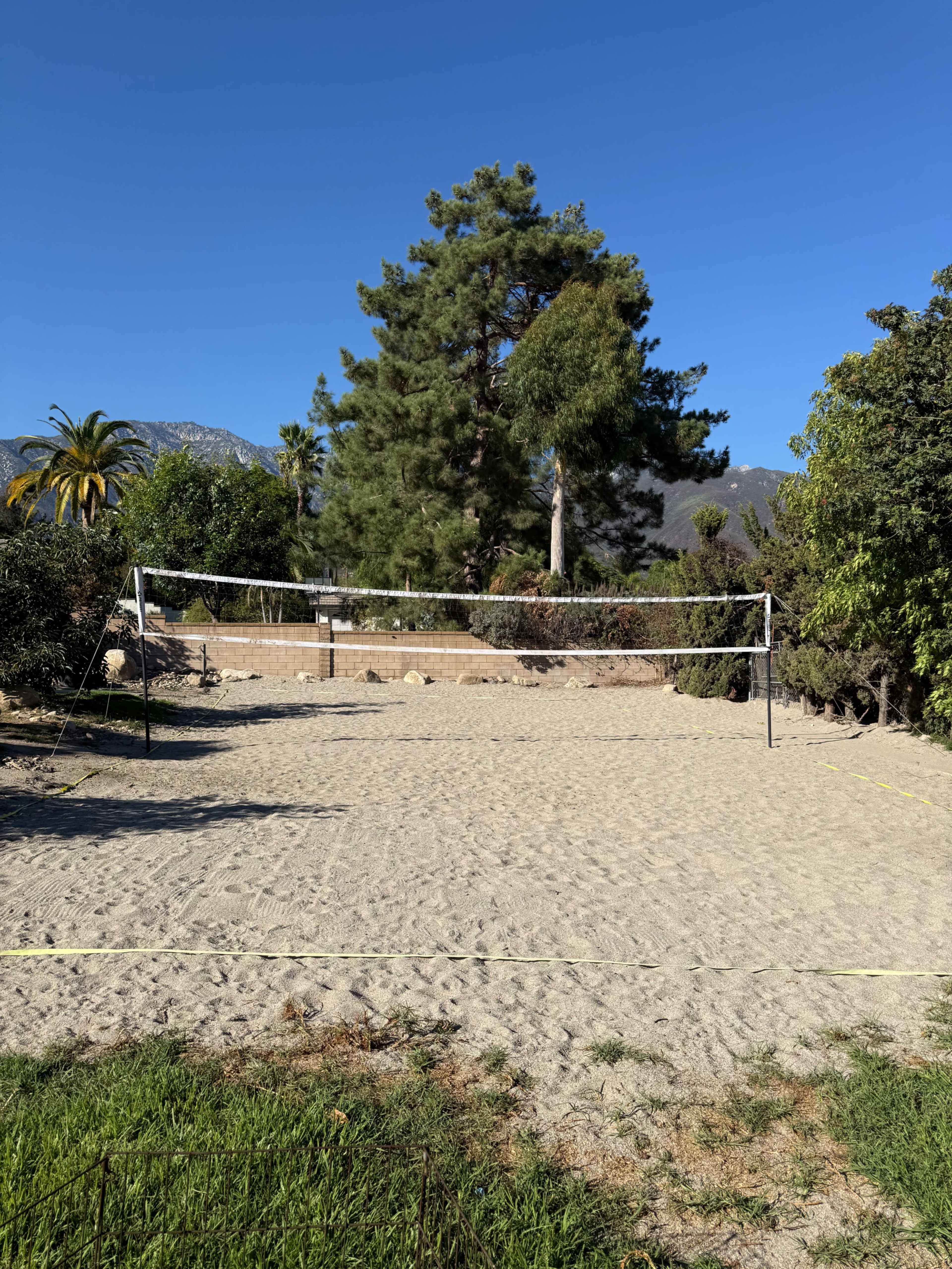 A sandy volleyball court is set up outdoors, surrounded by trees and shrubs under a clear blue sky.