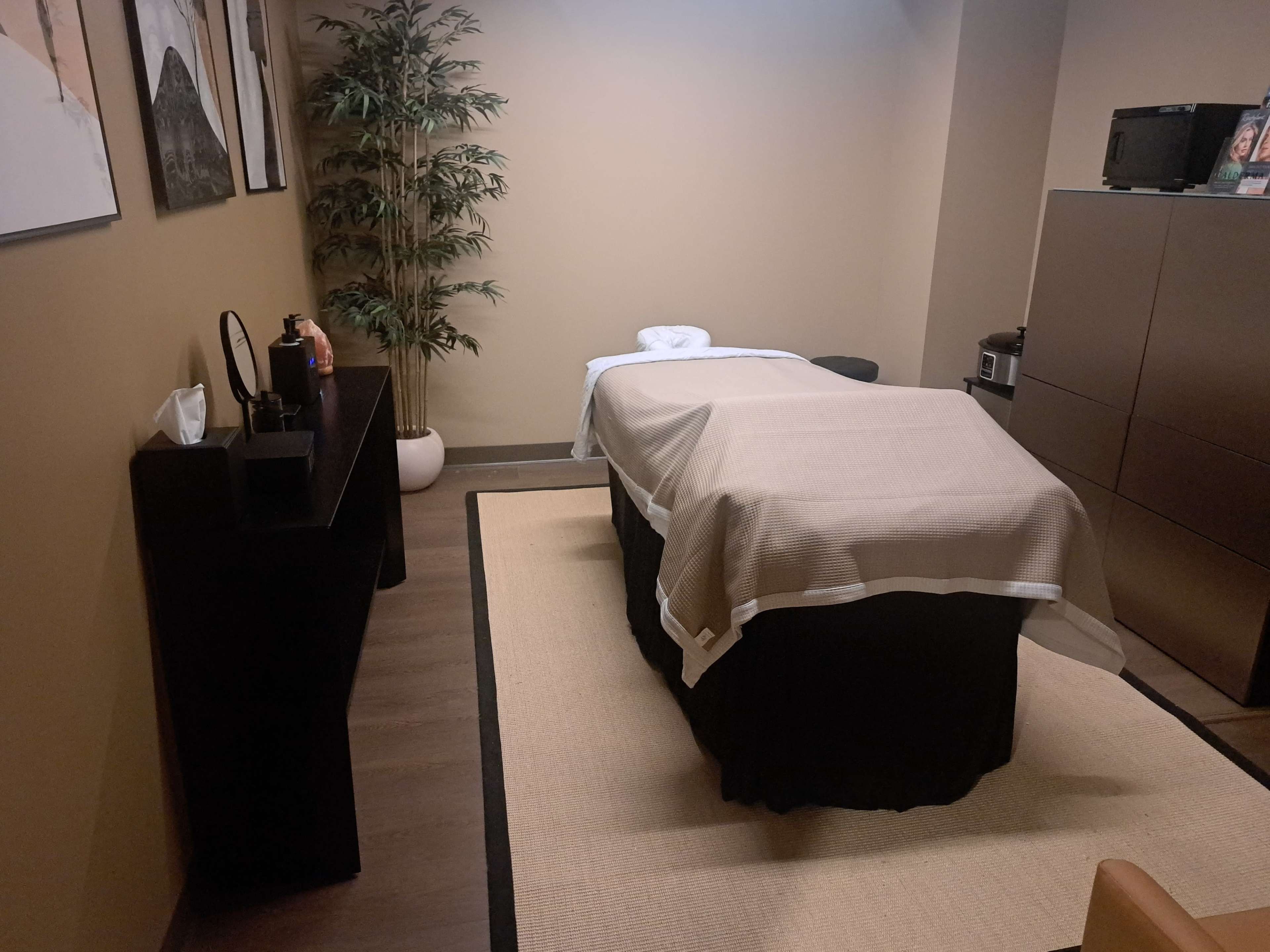 The image depicts a calming massage therapy room featuring a treatment table covered with a blanket, a potted plant, and a dark storage unit.