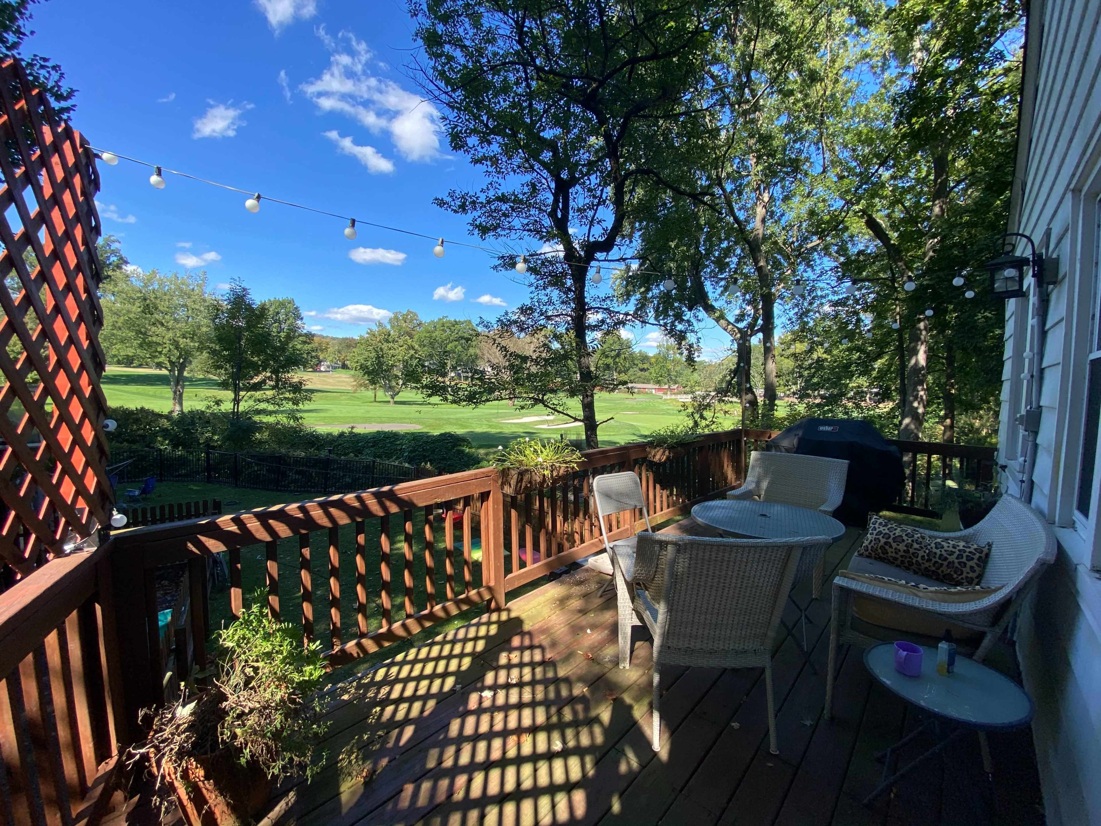 A wooden deck with chairs and a table overlooks a grassy area lined with trees under a blue sky.