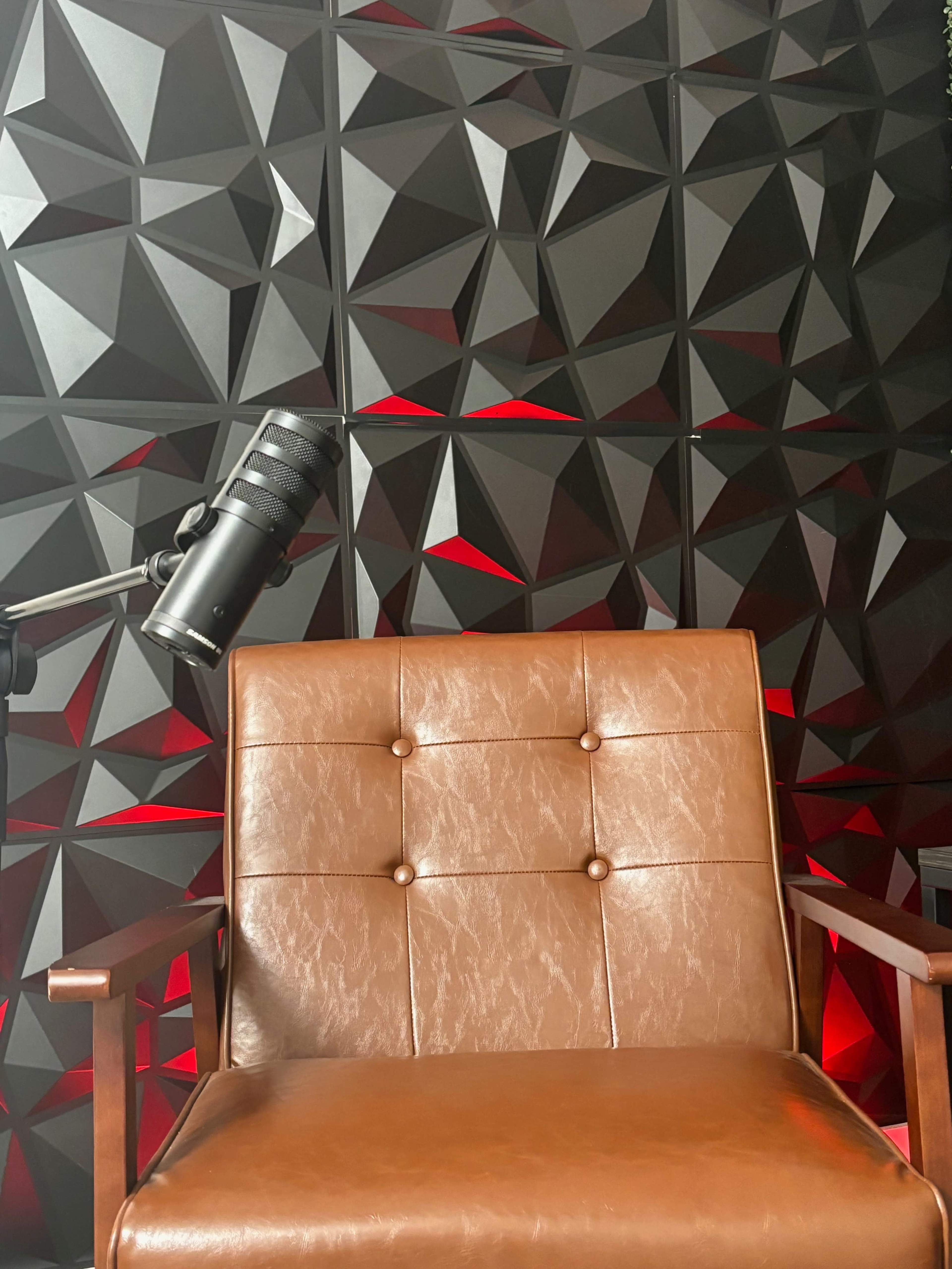 A brown leather chair is positioned in front of a textured black wall with red lighting and a microphone mounted nearby.