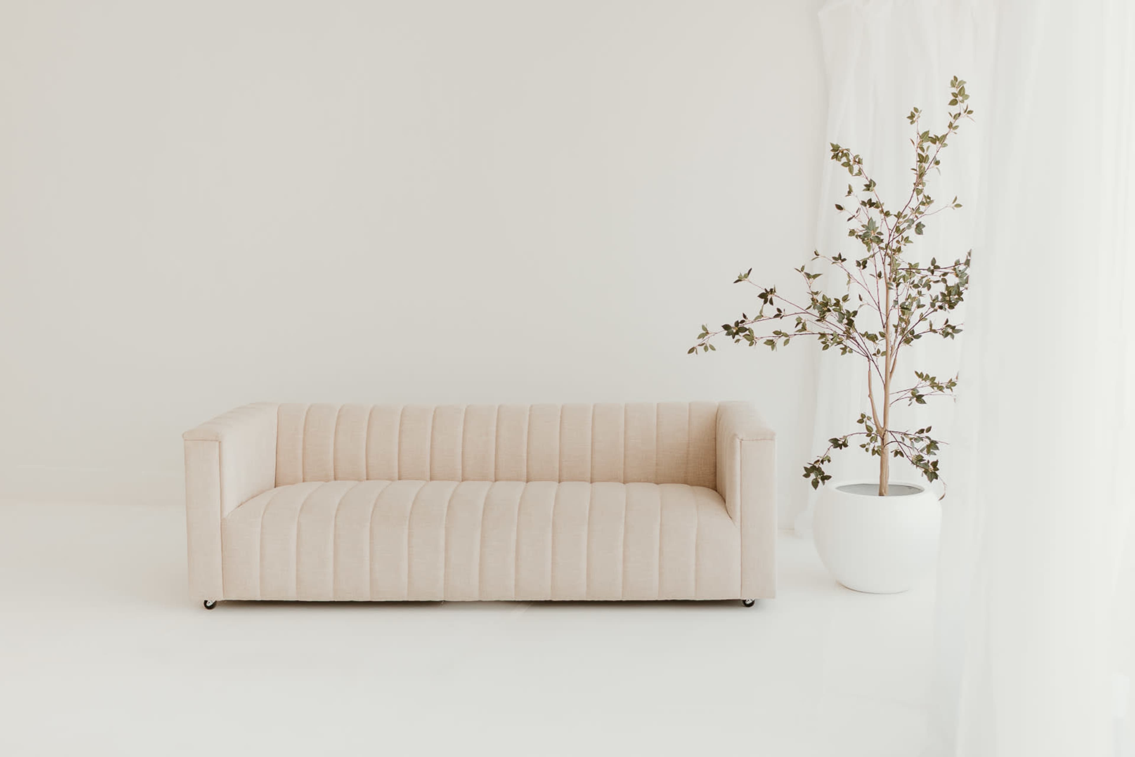 A light beige sofa with vertical stripes sits against a plain wall next to a potted plant in a white container.