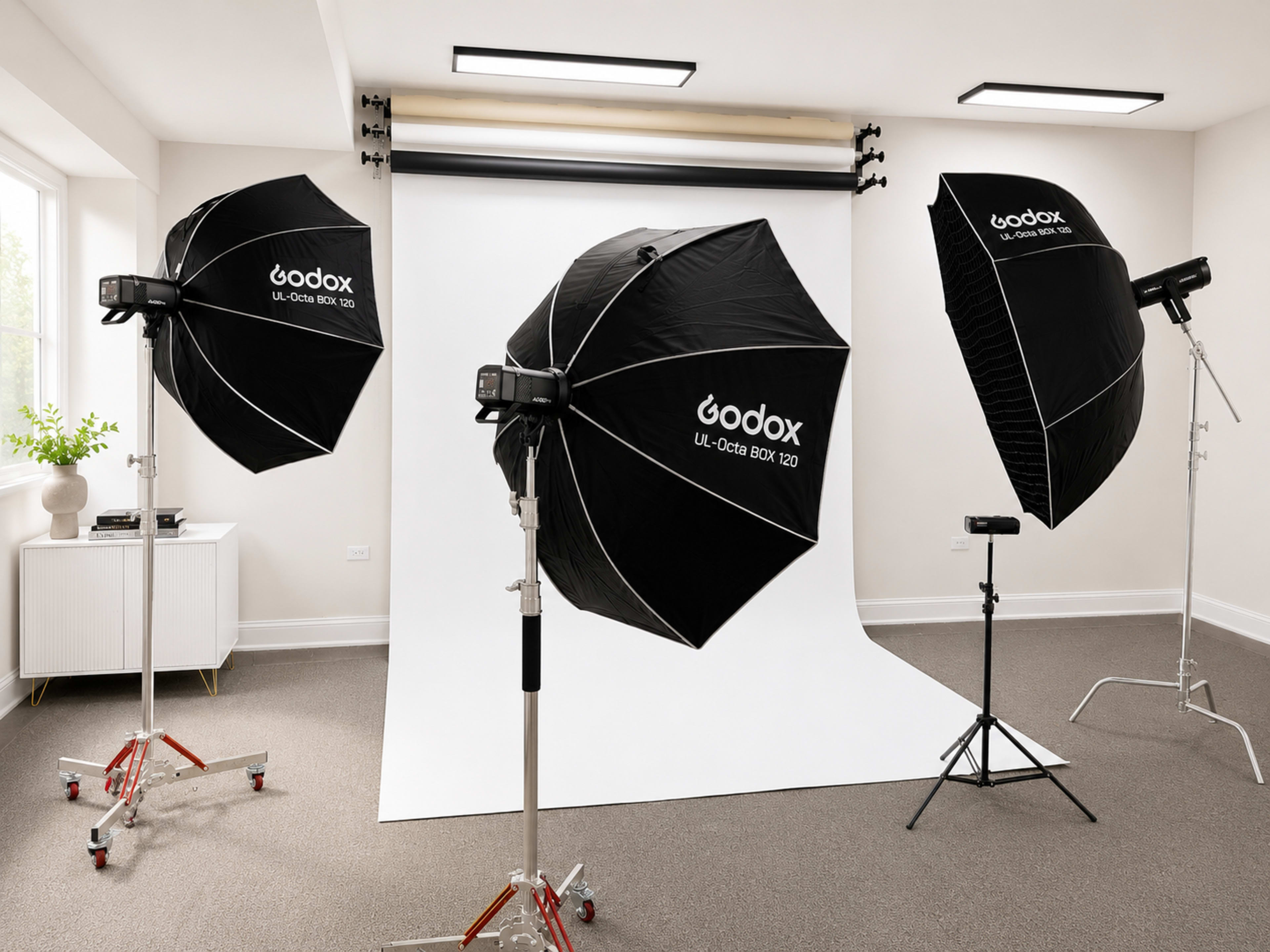 The image shows a photography studio with three softbox lighting setups and a large white backdrop.