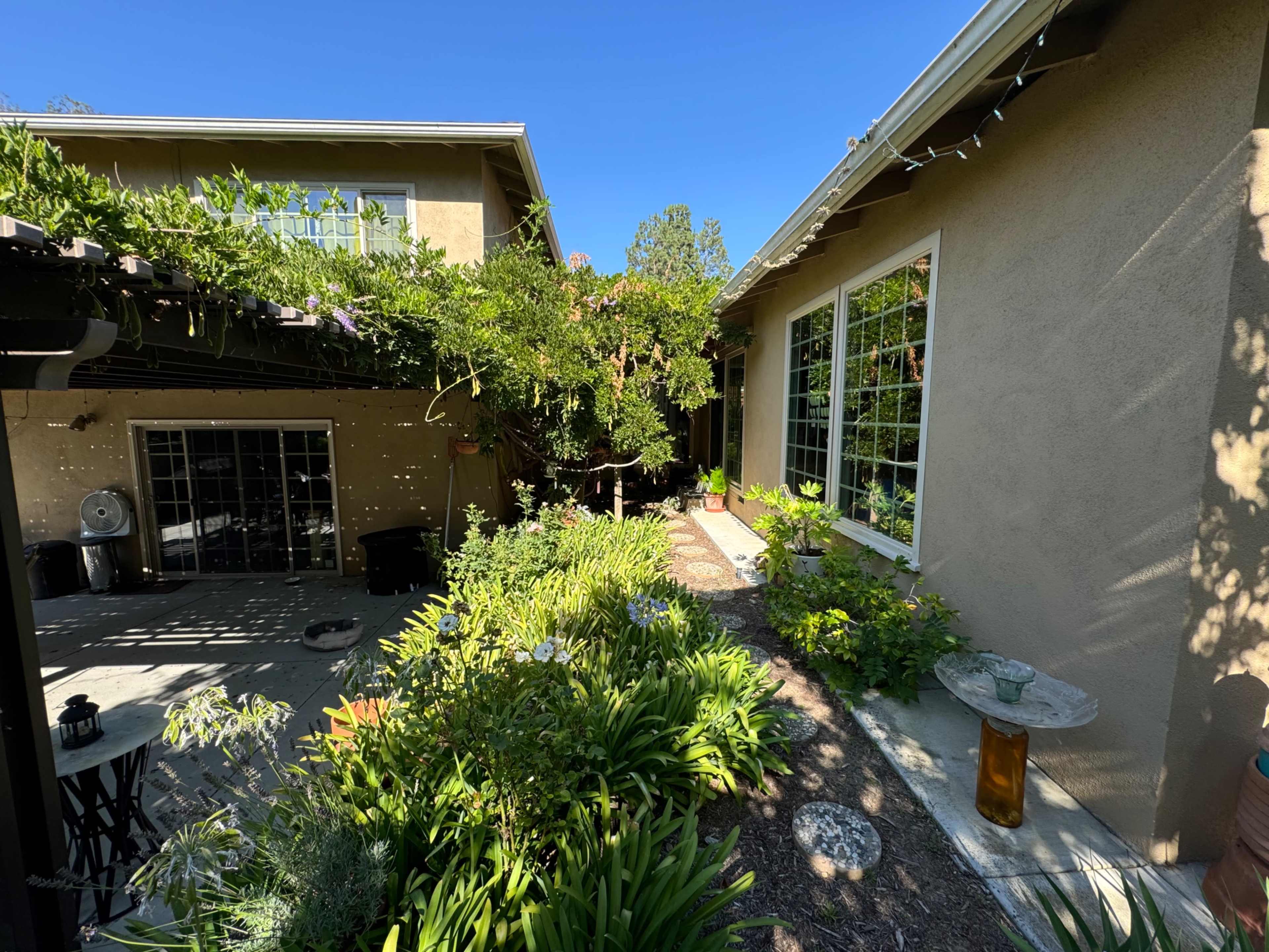 The image shows a patio area surrounded by lush greenery and two buildings, with a clear blue sky overhead.