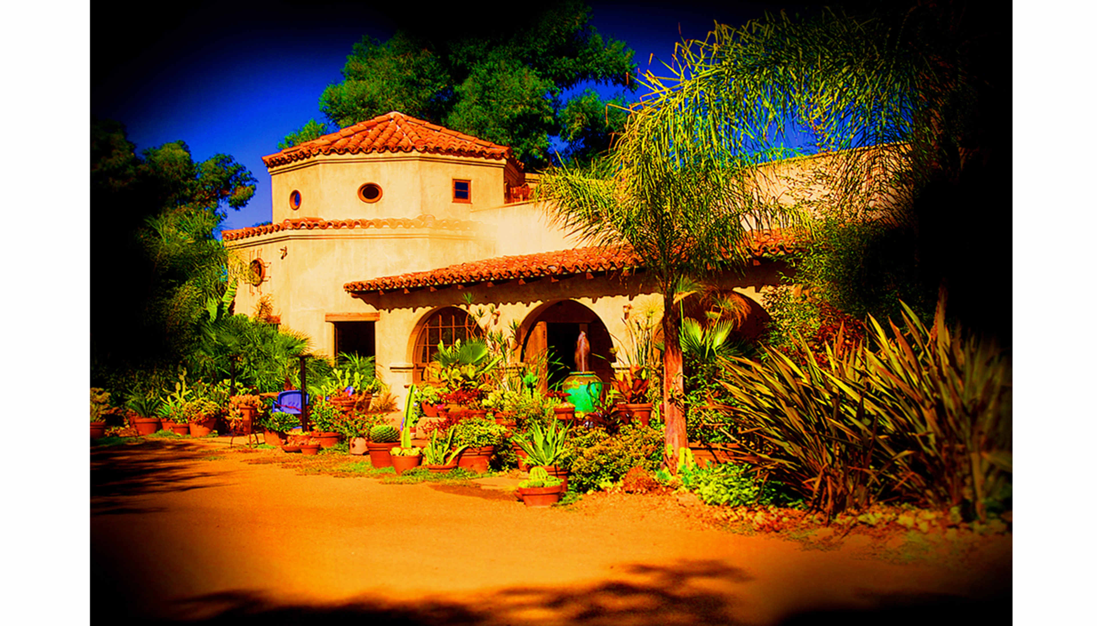 A stucco building with a tile roof is surrounded by potted plants and palm trees in a sunny outdoor setting.