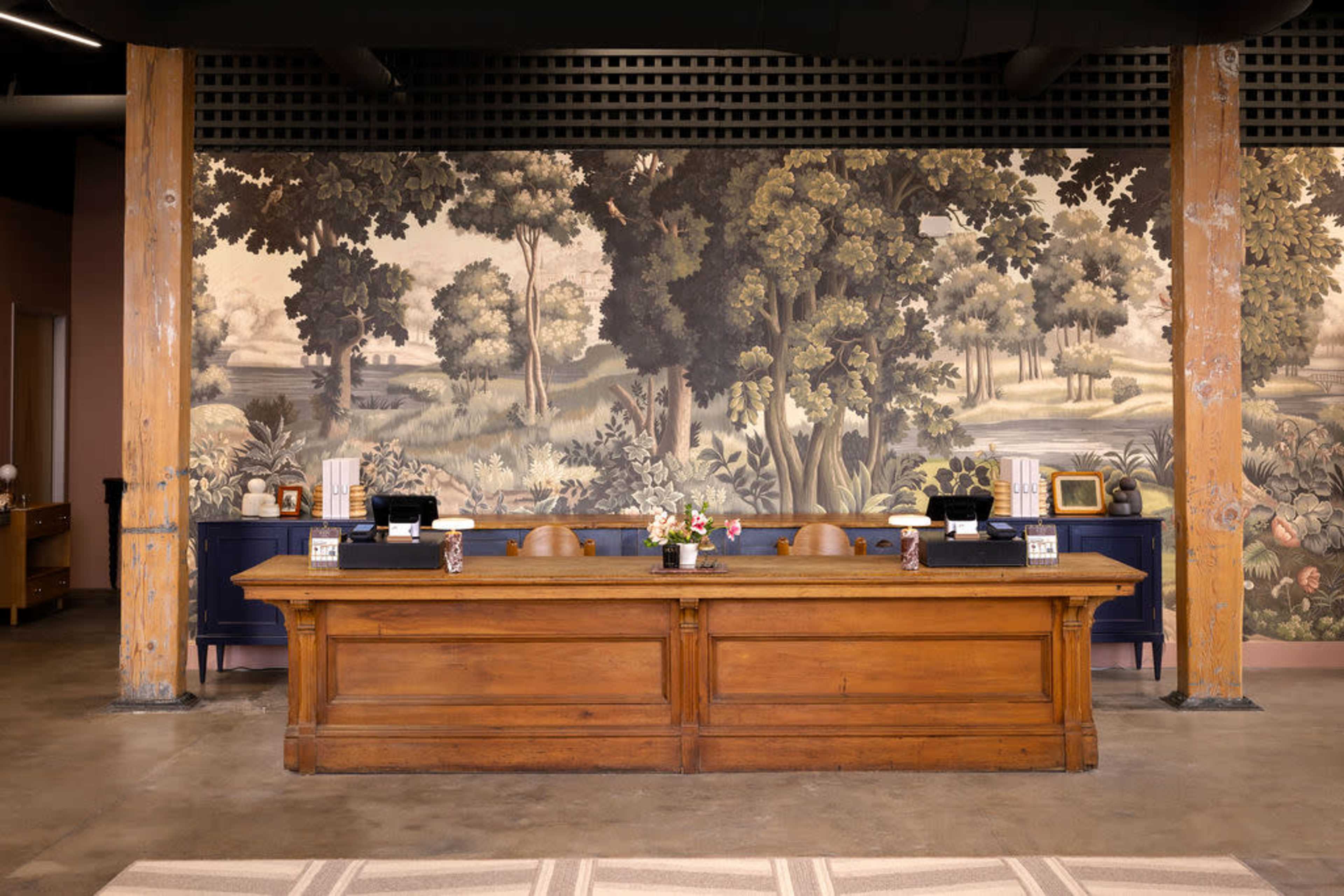 A reception area with a wooden front desk against a large mural of trees and a landscape.
