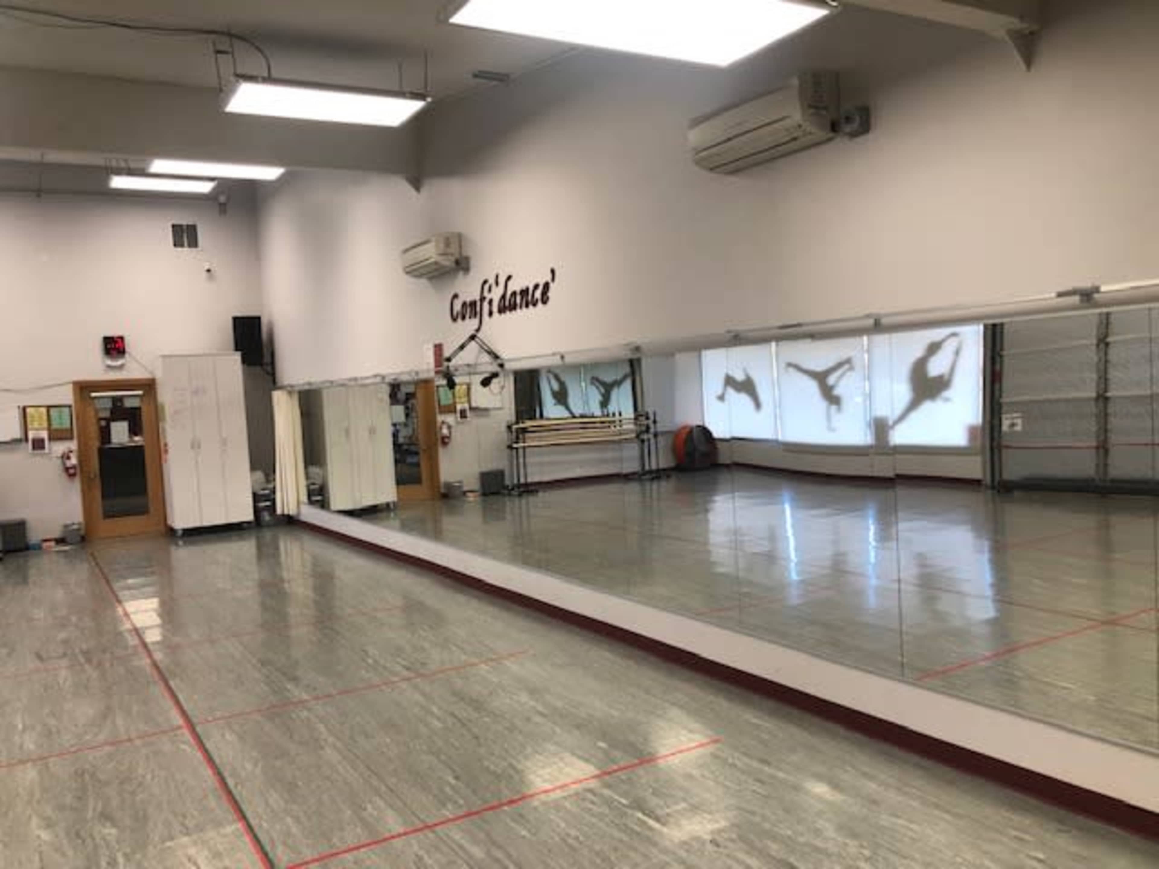 A mirrored dance studio with gray flooring, ambient lighting, and a wall displaying shadowy figures in motion.