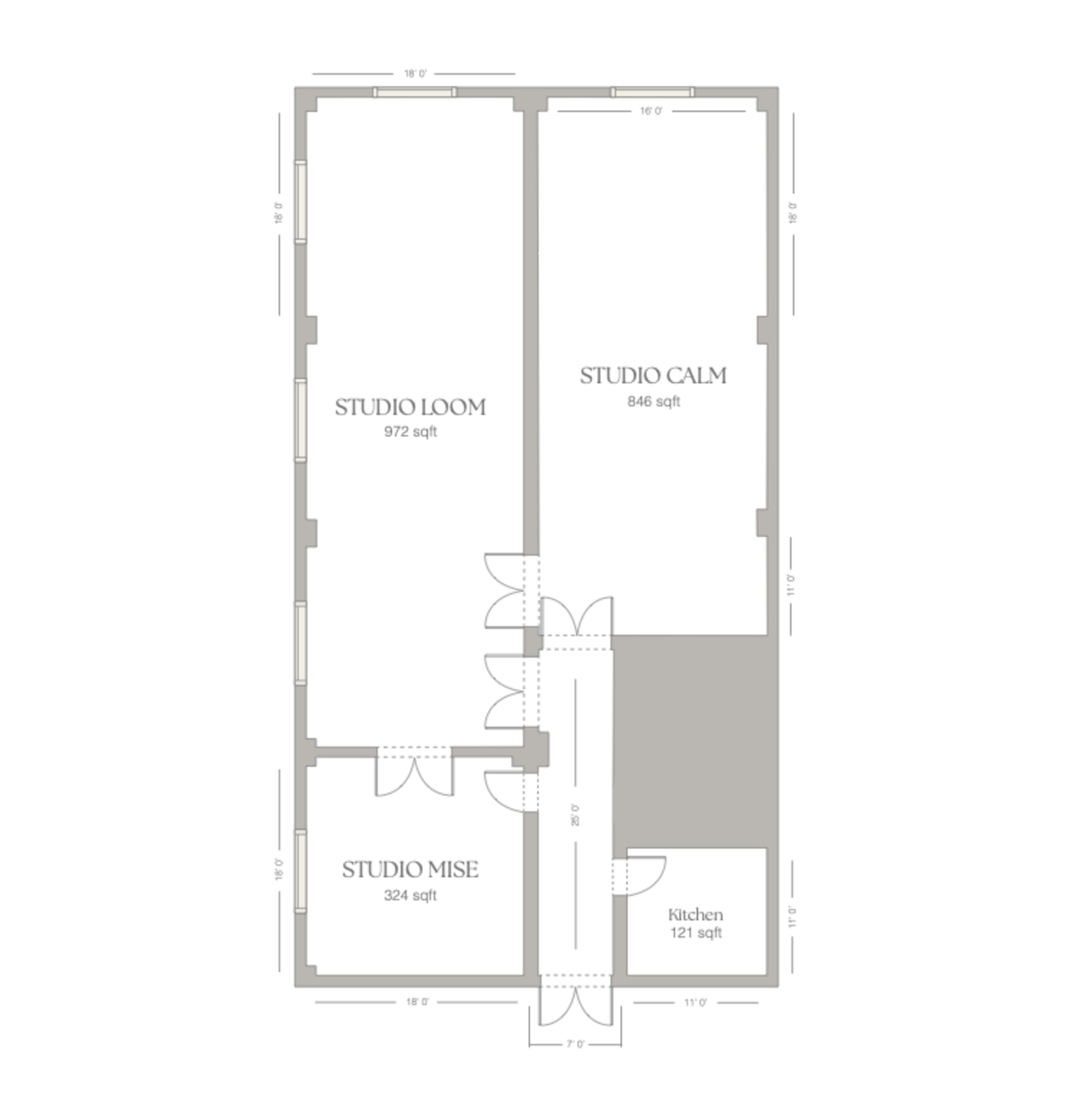 The image displays a floor plan of a space featuring three designated areas labeled "Studio Loom," "Studio Calm," and "Studio Mise," along with a kitchen.