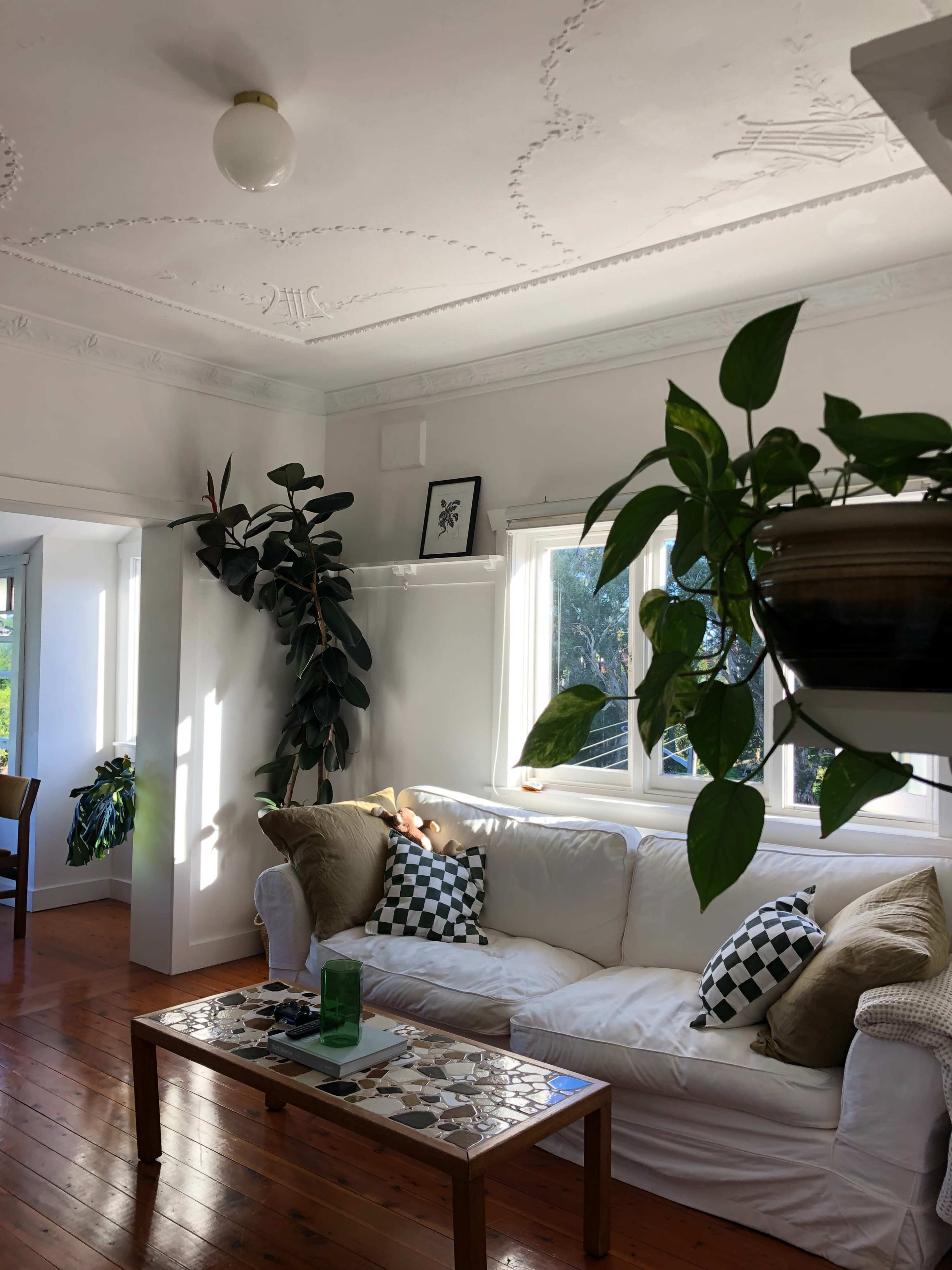 A bright living room with a white sofa, a wooden coffee table, and several plants near large windows.
