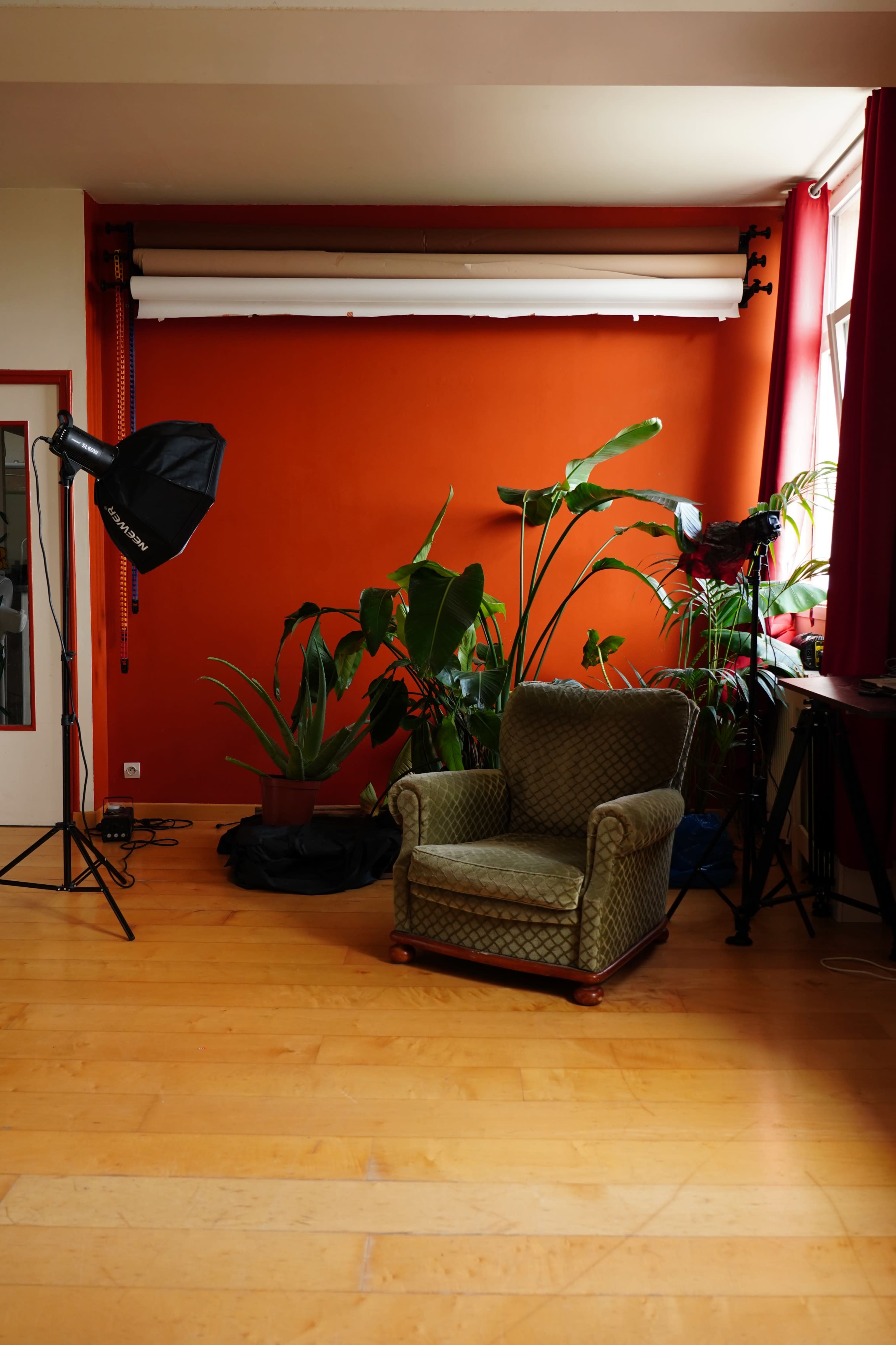 A small photography studio with a green armchair, various plants, and studio lighting equipment against an orange wall.