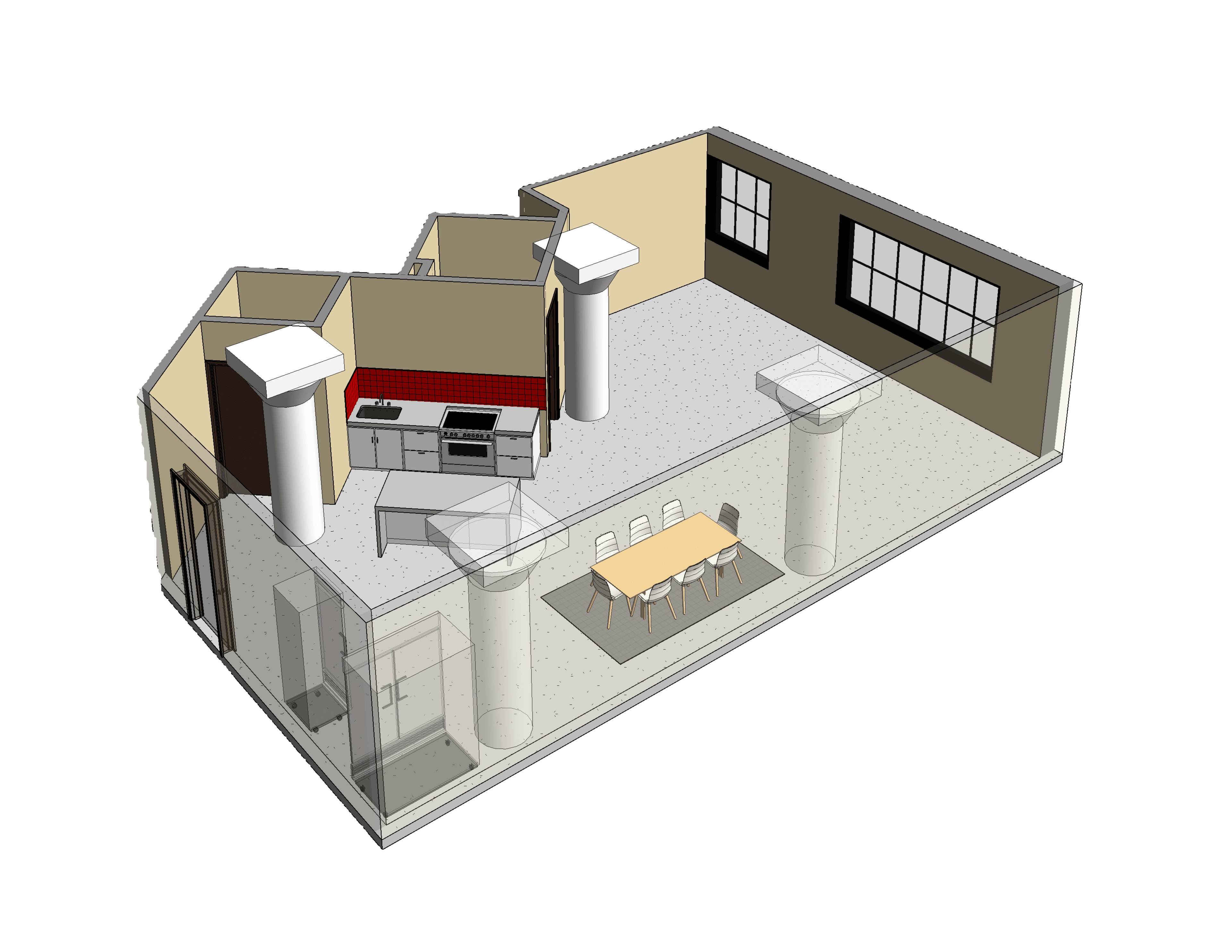 The image shows a 3D model of a spacious room with a kitchen area featuring a stove and refrigerator, and a dining area with a long table and chairs, all supported by two columns.