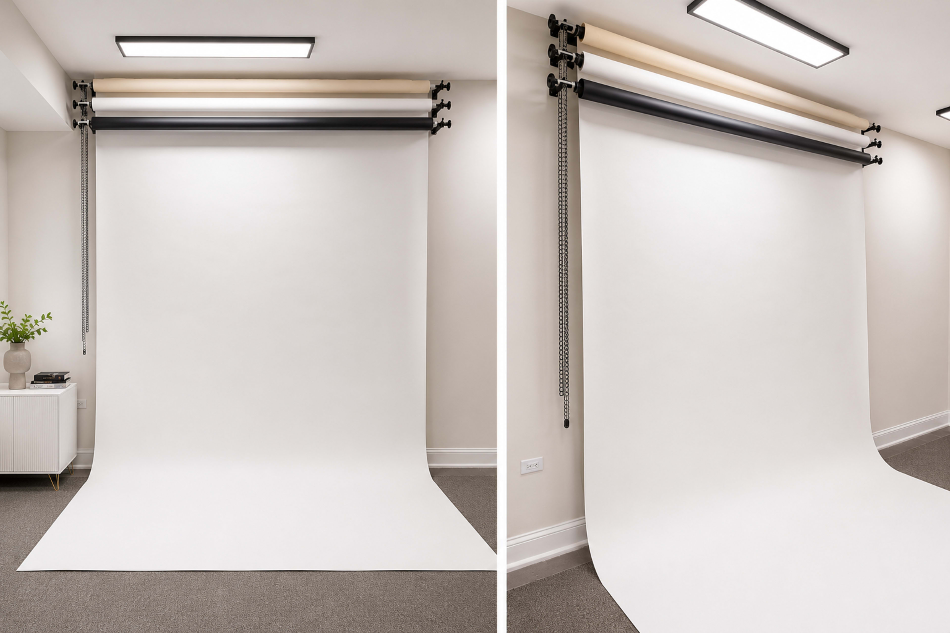 The image shows a photography studio with a seamless backdrop system featuring rolls of various colors mounted on the wall above a smooth, white floor.