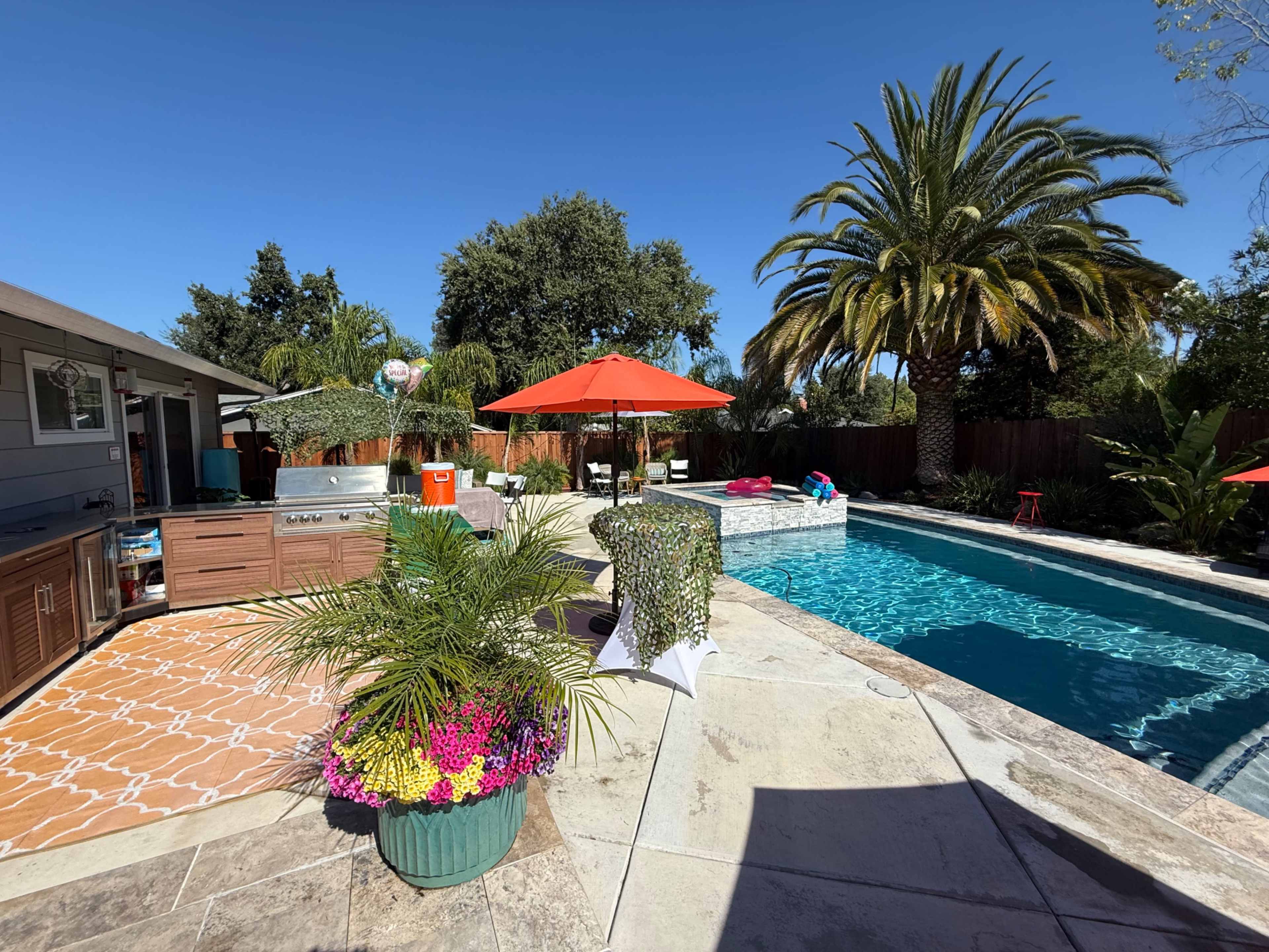 The scene features a backyard swimming pool surrounded by tropical plants, lounge chairs, and colorful umbrellas.