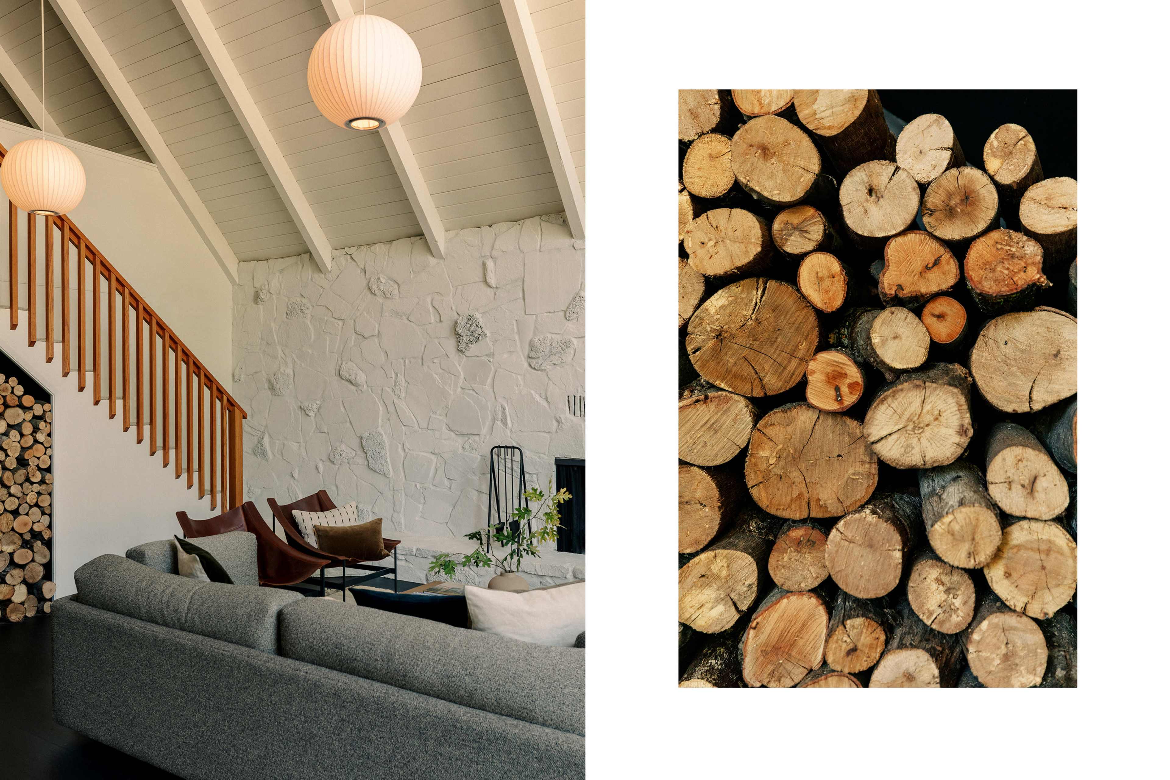 A modern living room with wooden beams and a staircase on one side, paired with a close-up view of neatly stacked logs.