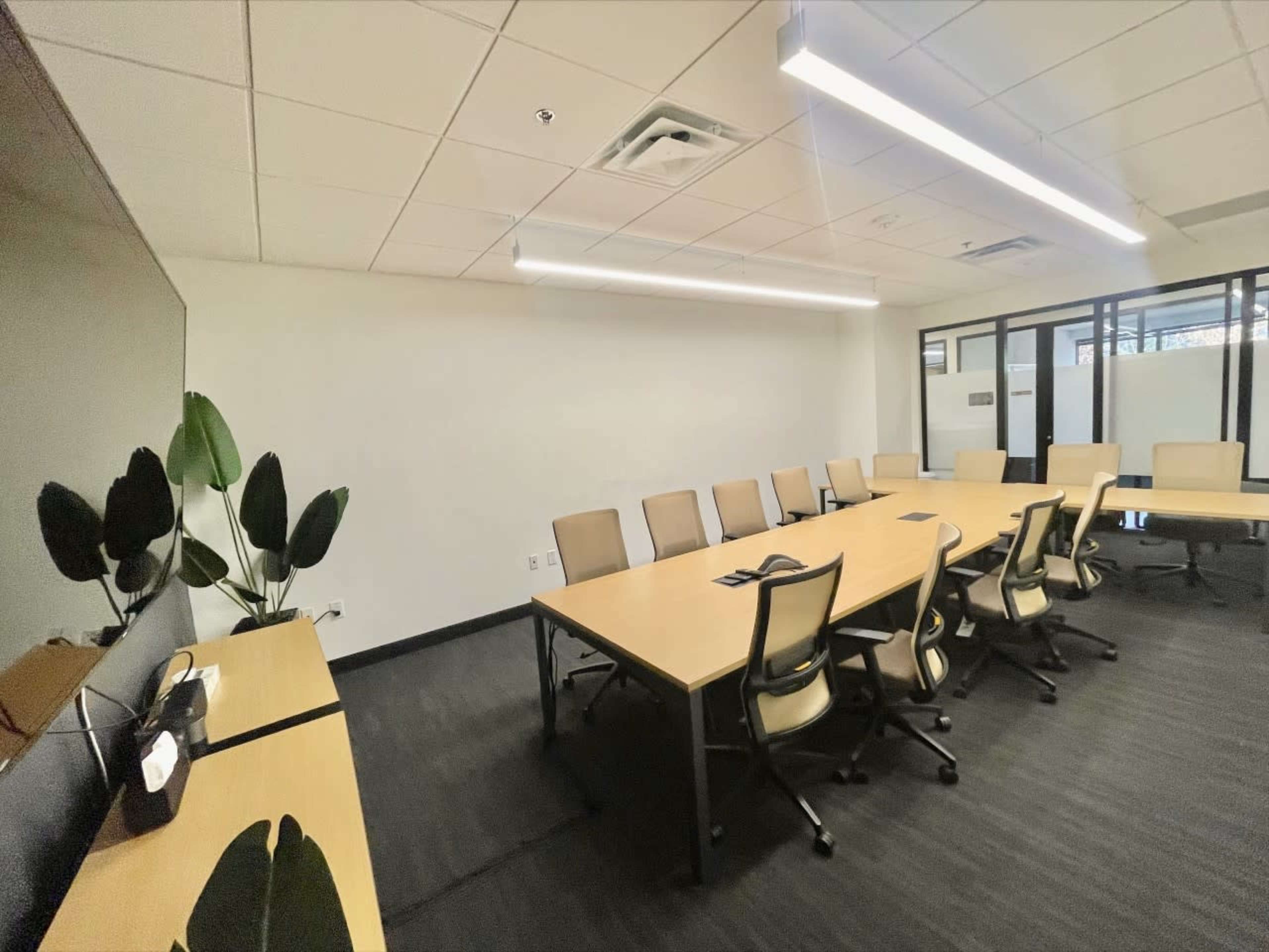 A modern conference room with a long table, chairs, a wall-mounted screen, and a potted plant.