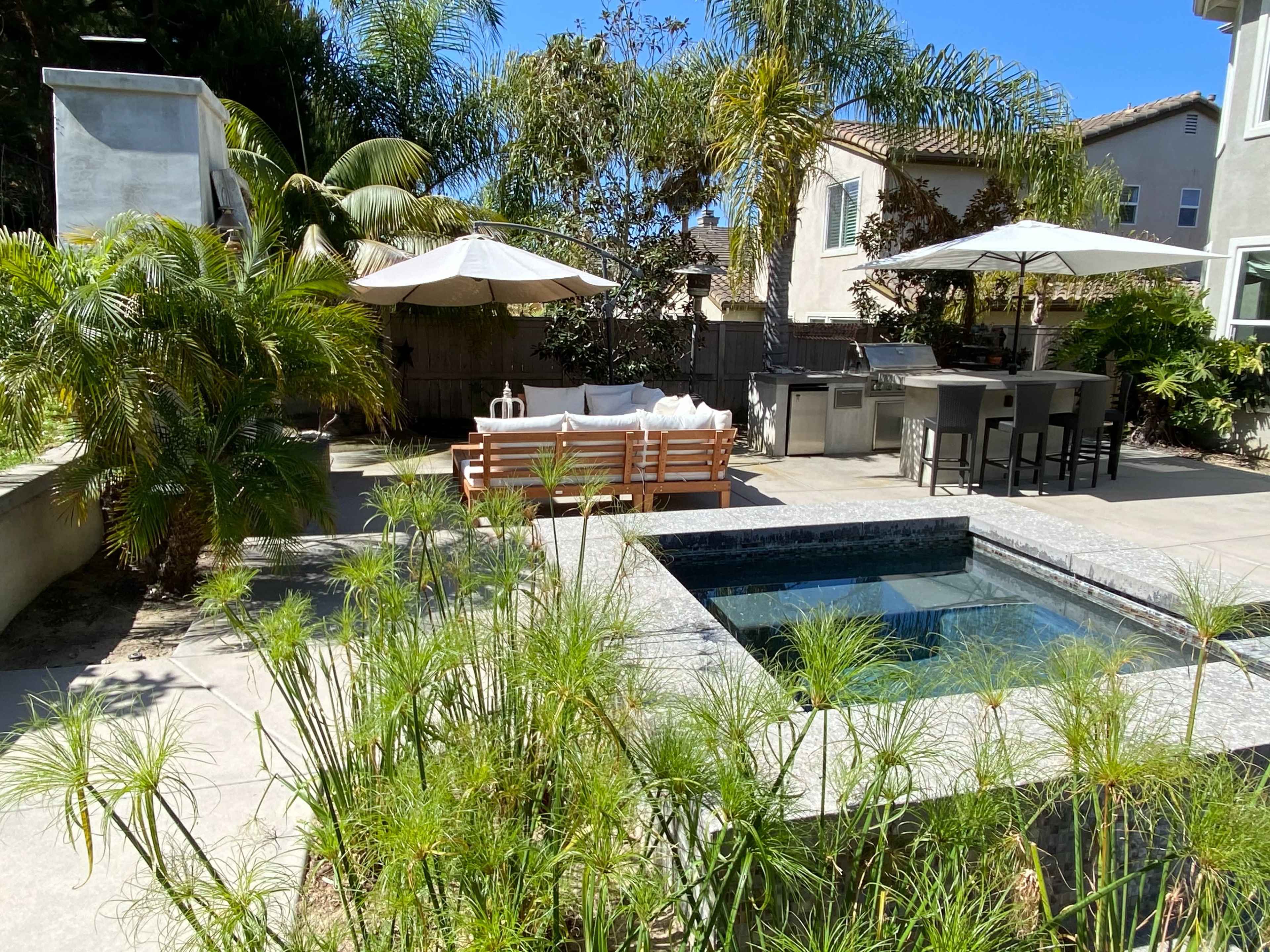 A backyard featuring a small pool, a lounge area with a sofa and umbrellas, and a cooking area surrounded by tropical plants.