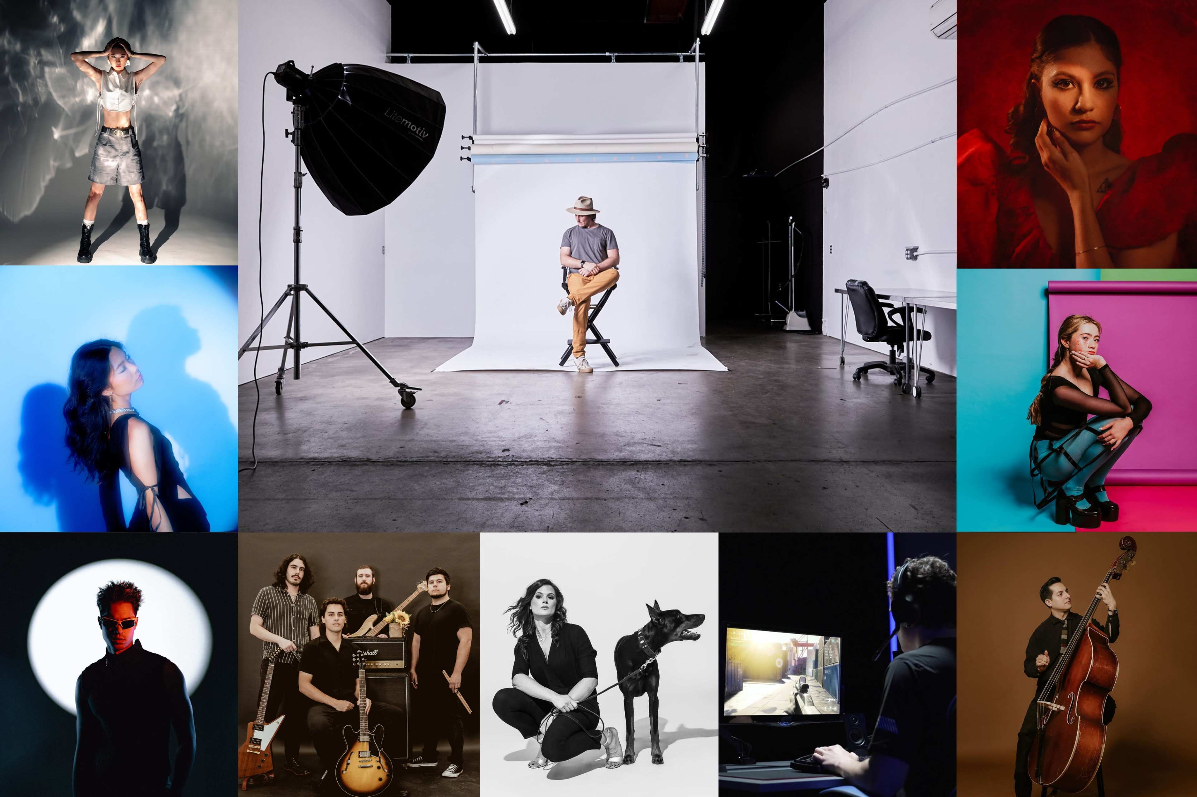 A collage of varied portraits taken in a photography studio, showcasing individuals posing against different backdrops and settings.