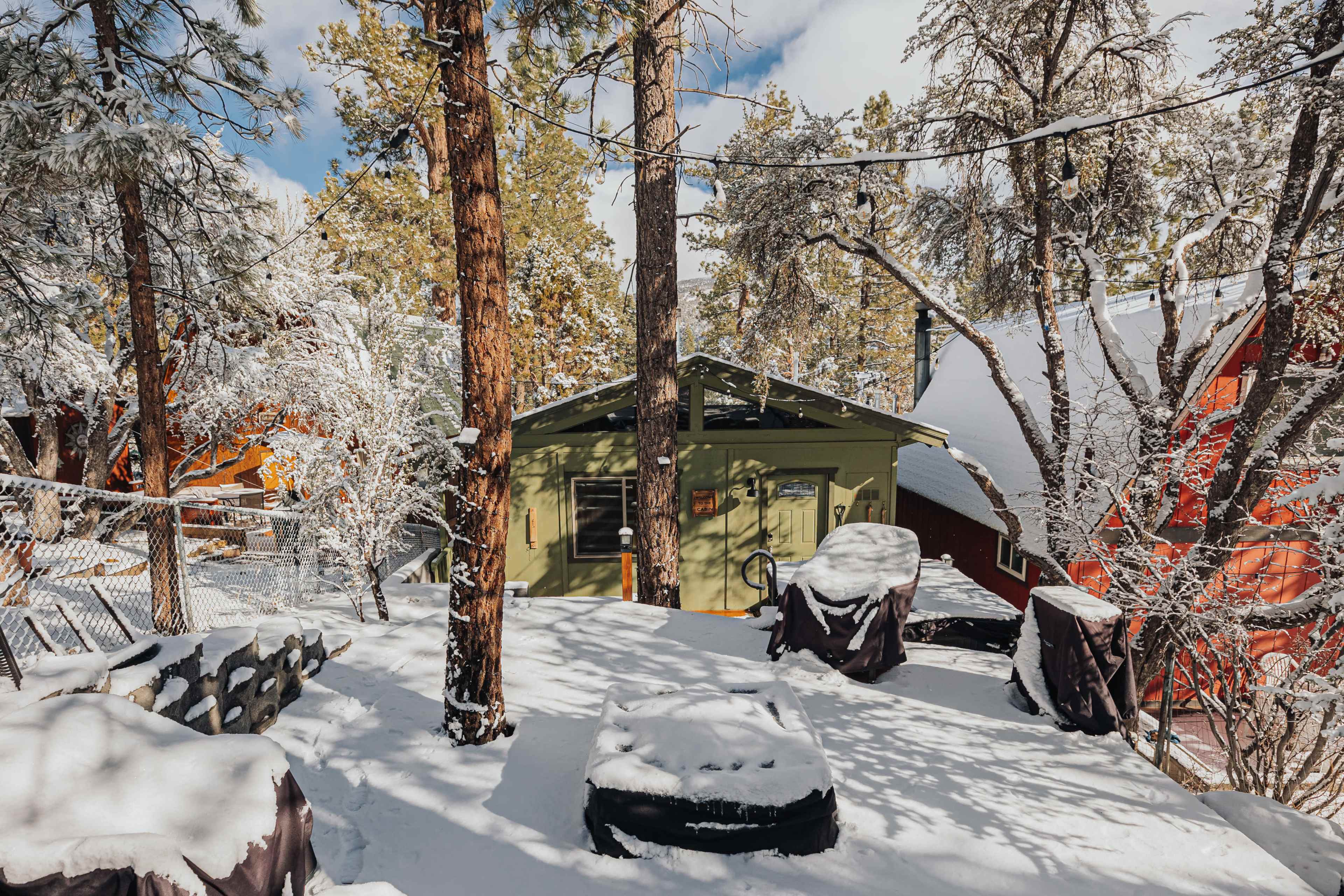 A green cabin is surrounded by snow-covered trees and neighboring structures in a winter landscape.