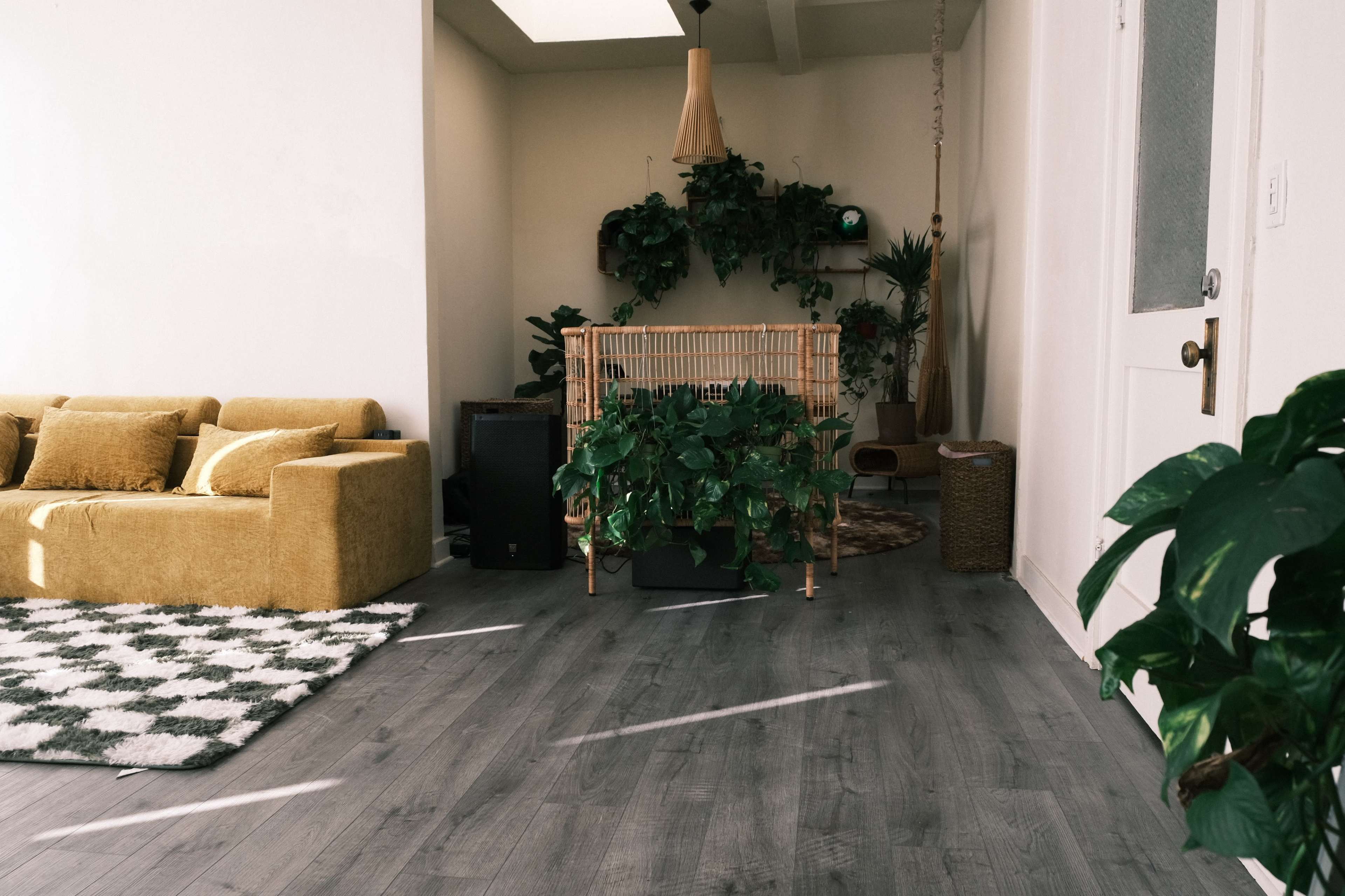 The image shows a bright, minimalist living space with a yellow couch, indoor plants, and light-colored wooden flooring.